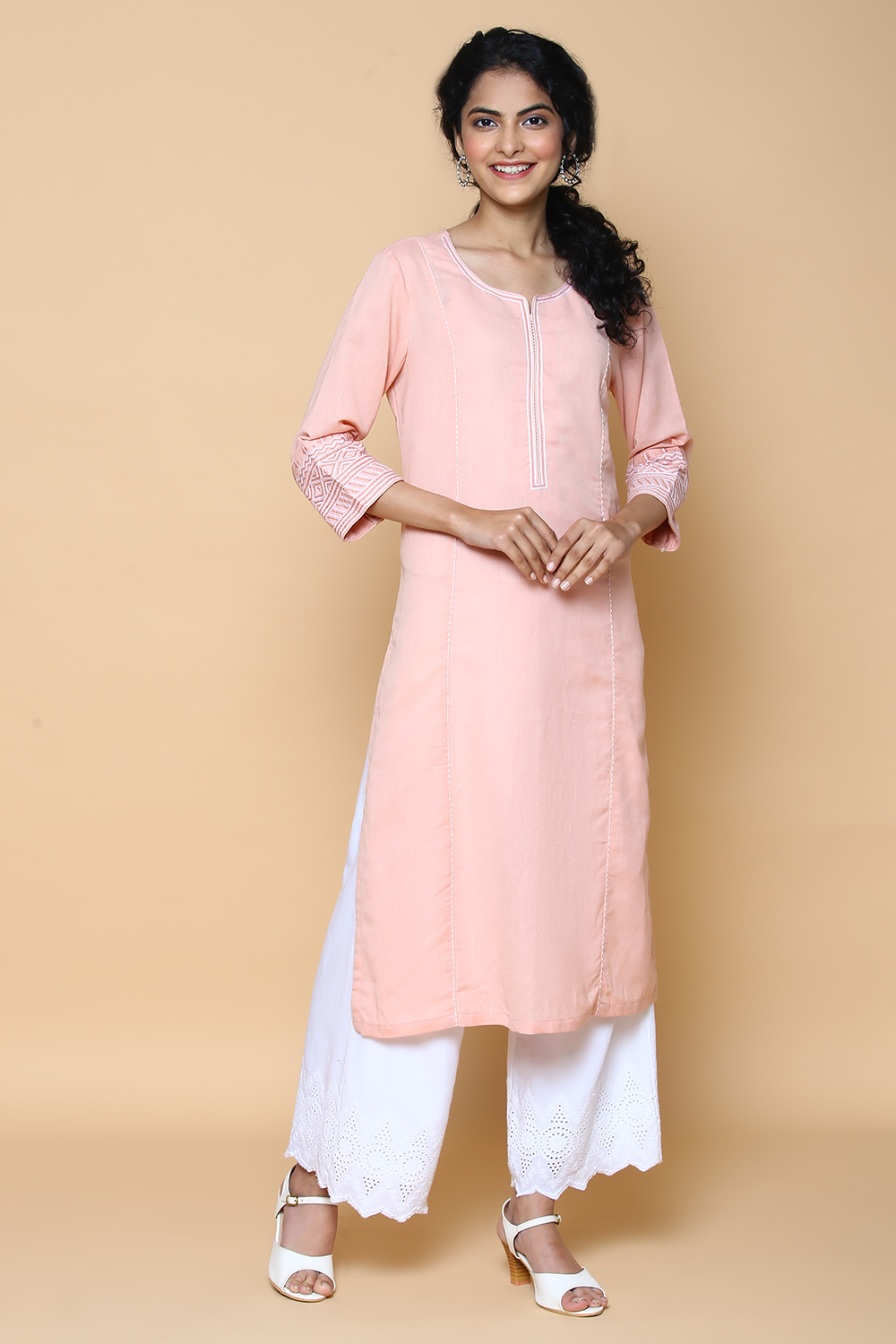 Peach Blue Cotton Linen Kurta image number 2