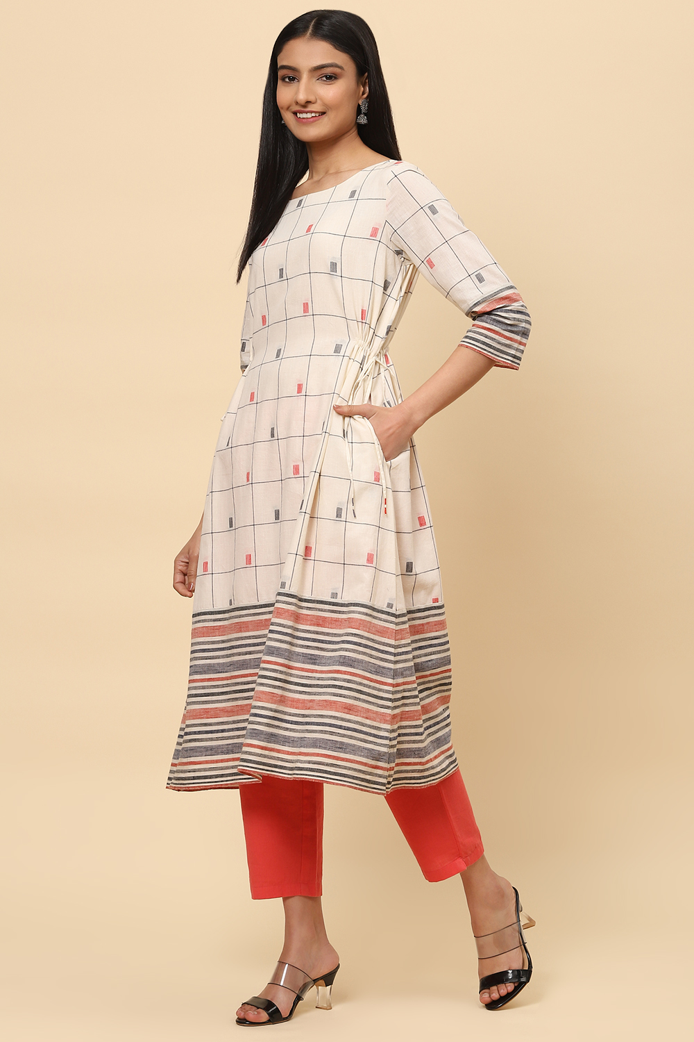 Off White Cotton A Line Kurta image number 2