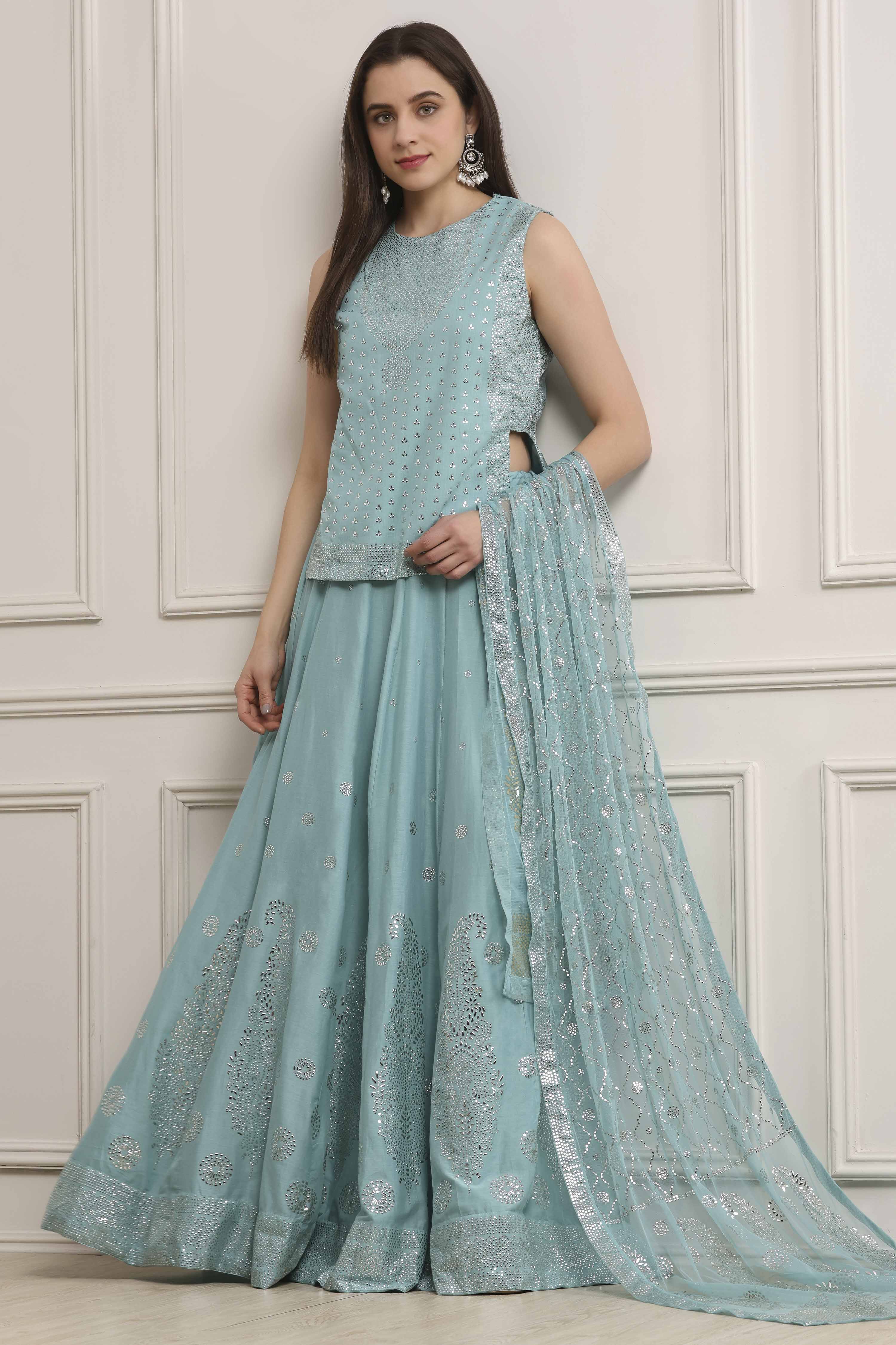 Powder Blue Cotton Printed Lehenga Set image number 0