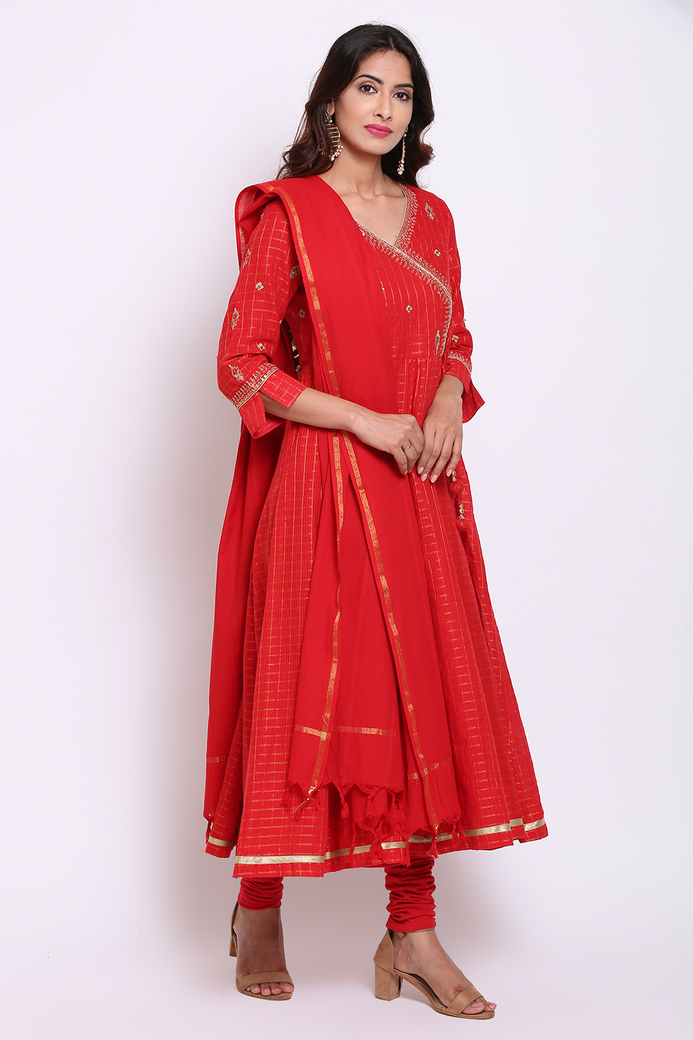 Red Metallic Cotton Anarkali Kurta Churidar Suit Set image number 3