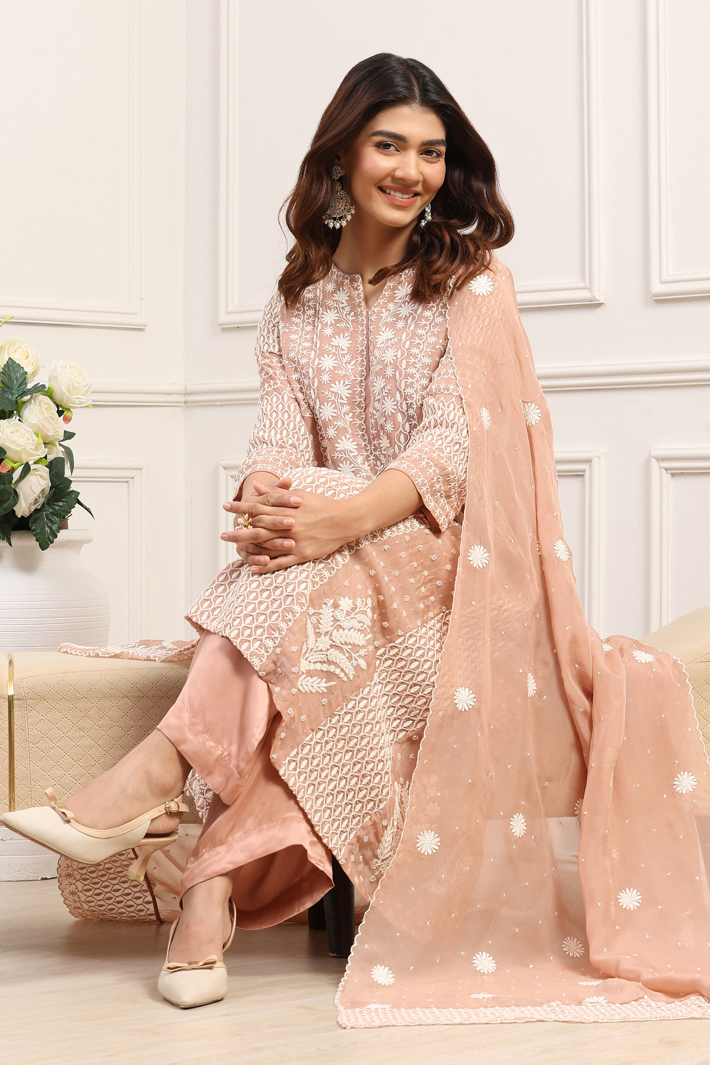 Beige Viscose Organza Embroidered Straight Suit Set image number 0