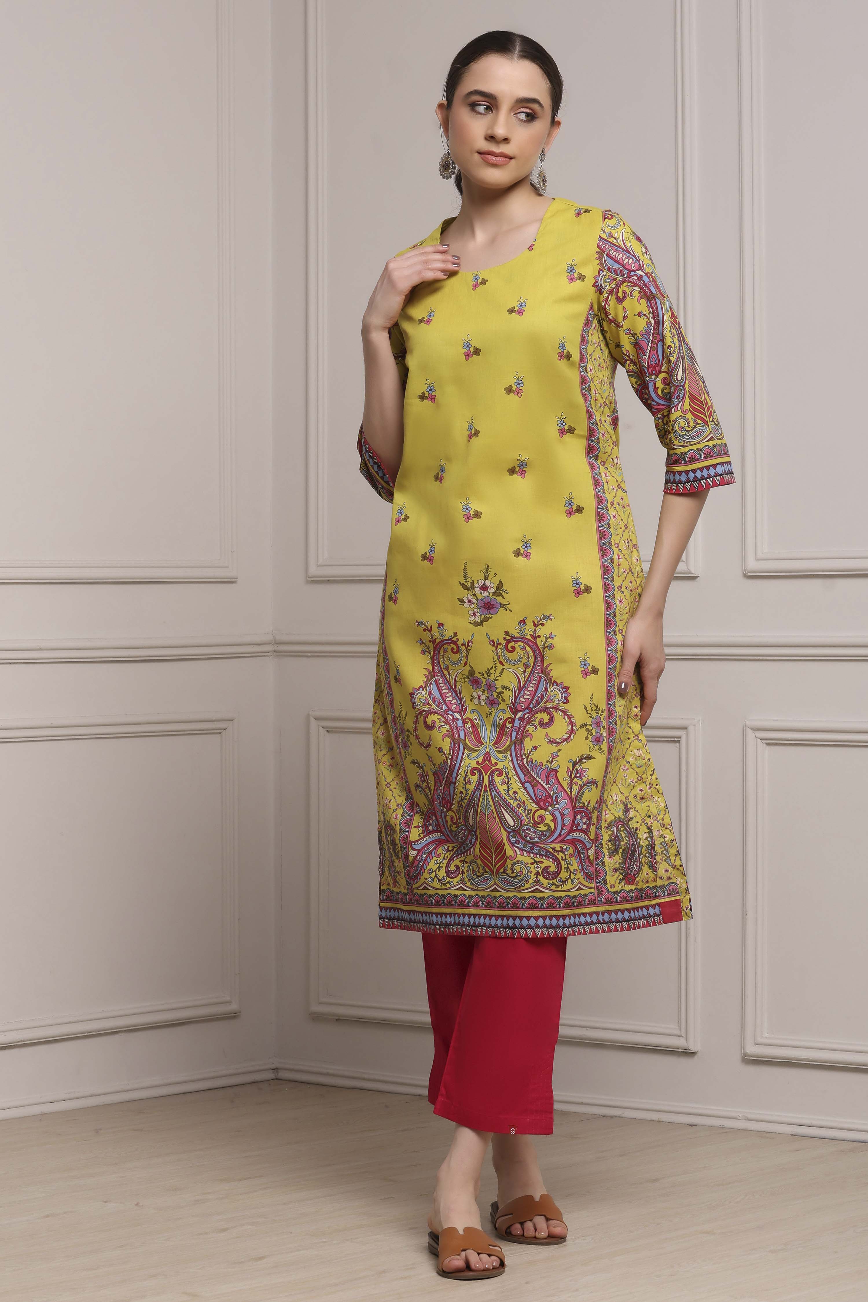 Green Cotton Printed Straight Kurta image number 0