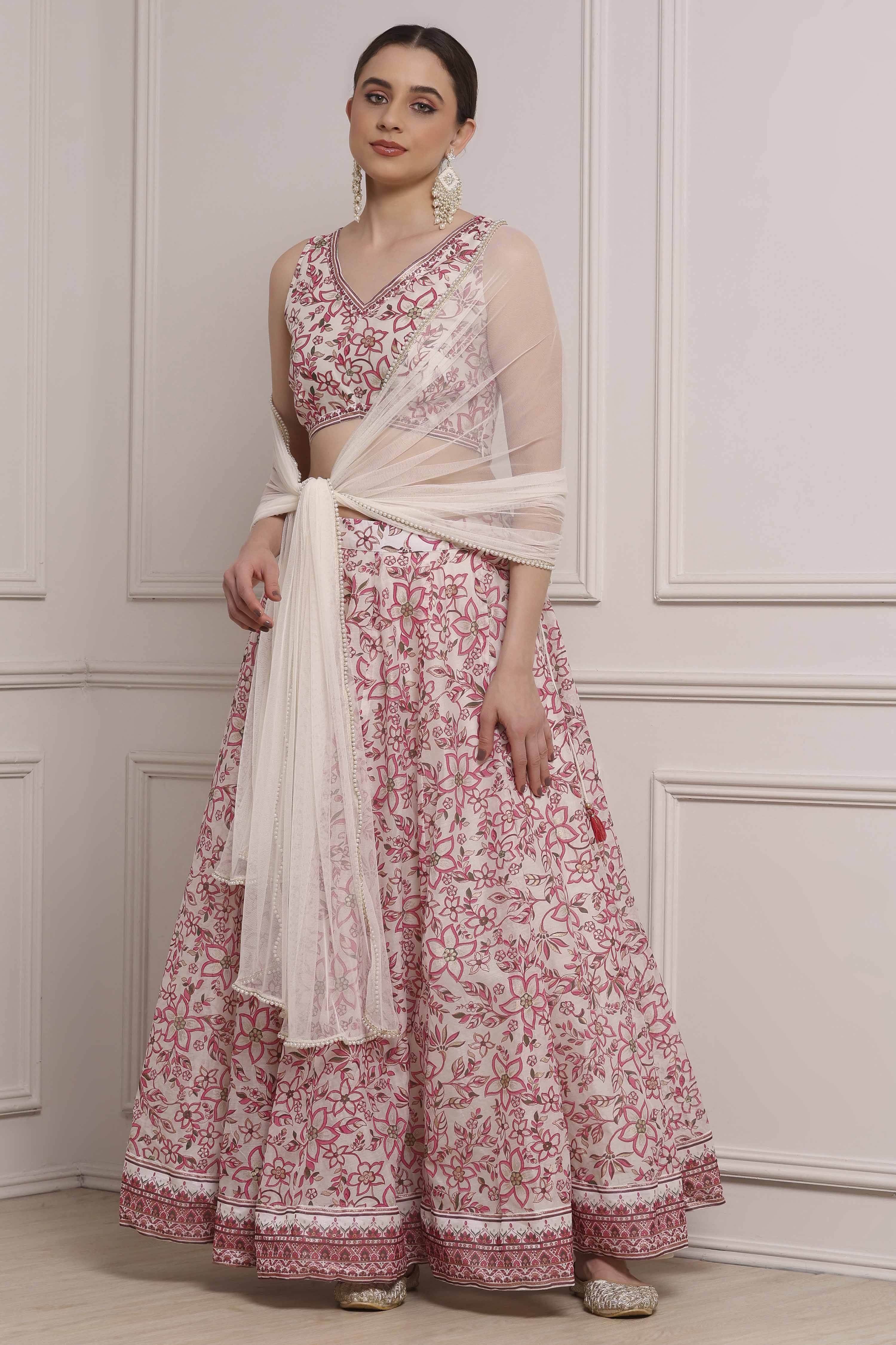 Ivory Polyester Printed Regular Lehenga Set image number 0