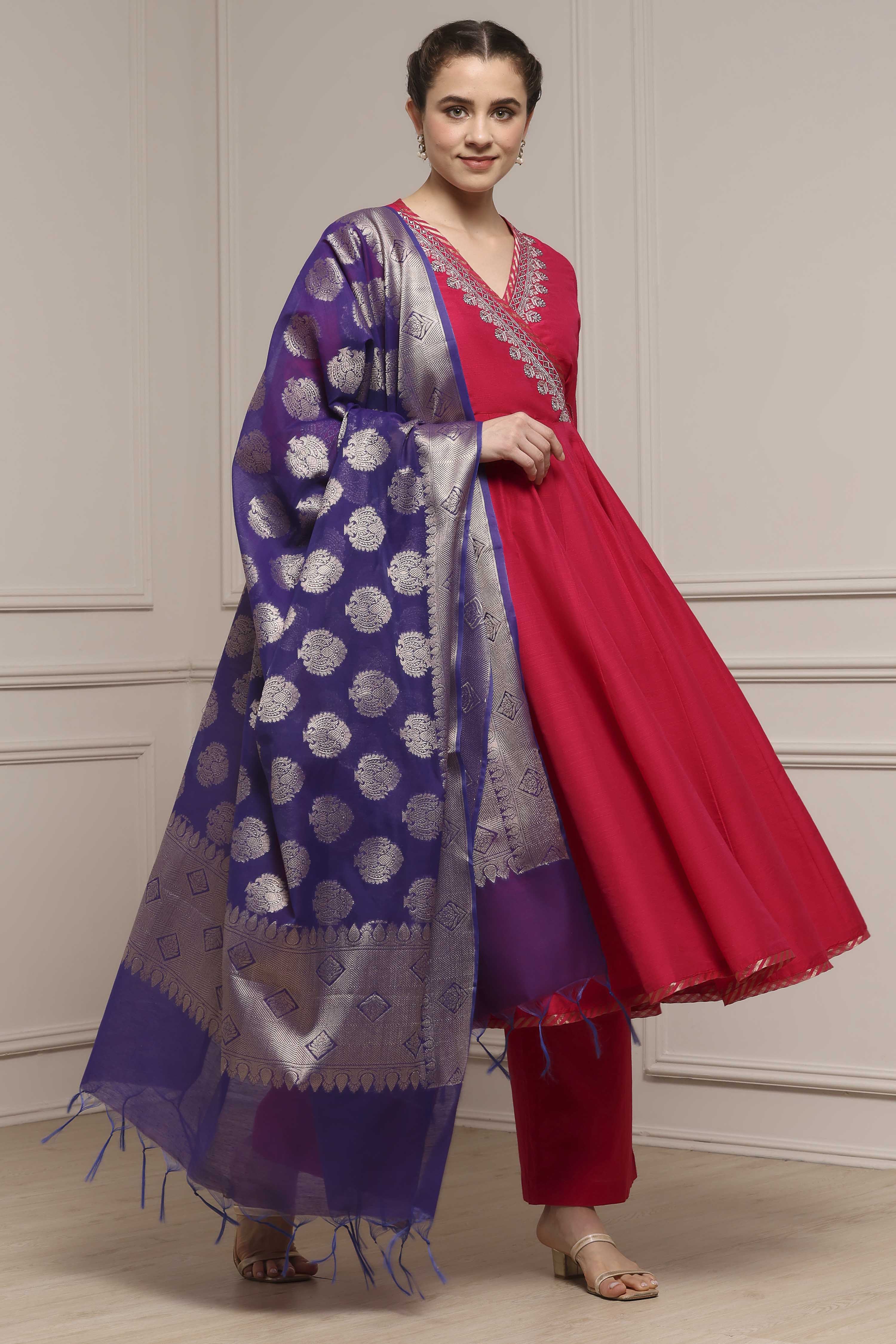 Fuchsia Polyester Blend Anarkali Embroidered Suit Set image number 0