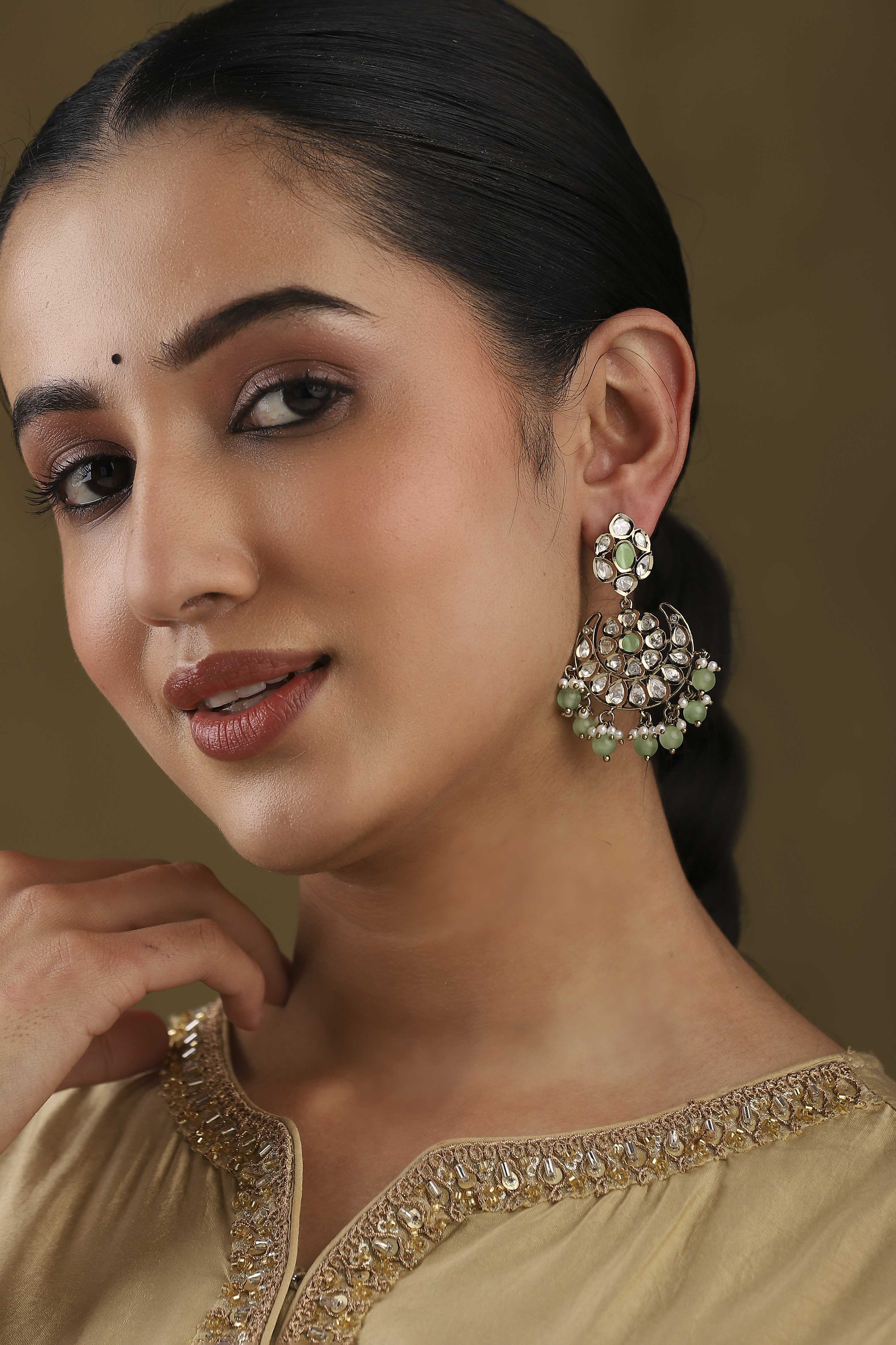 Green Gold Plated Studded Drop Earrings image number 3