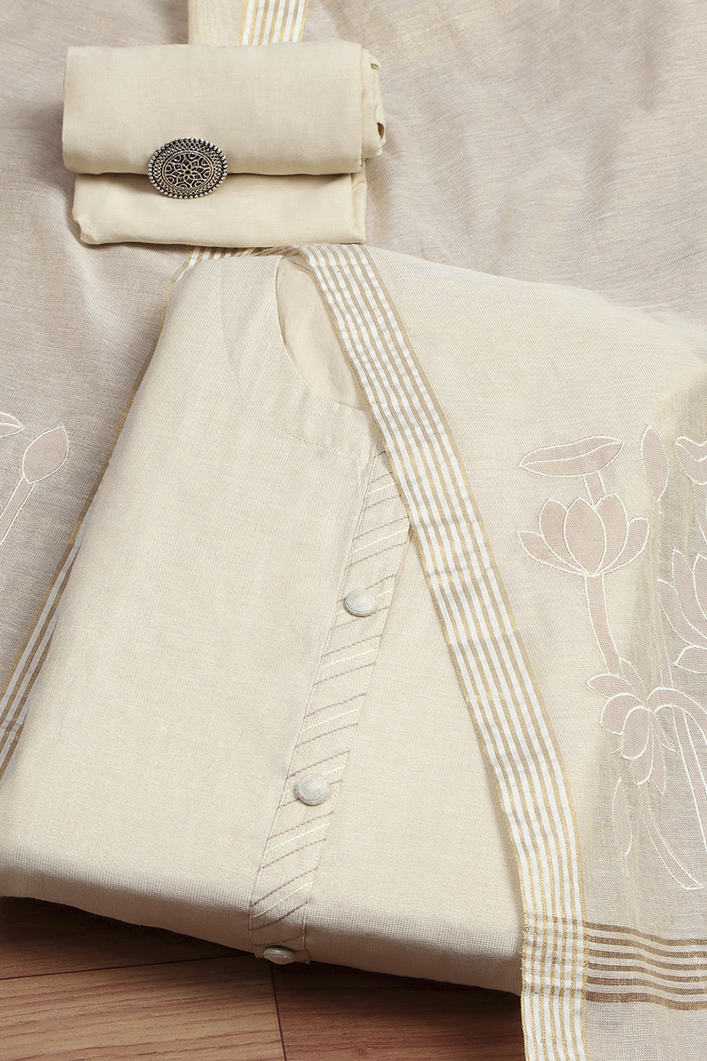 White Tissue Applique Unstitched Suit Set image number 0