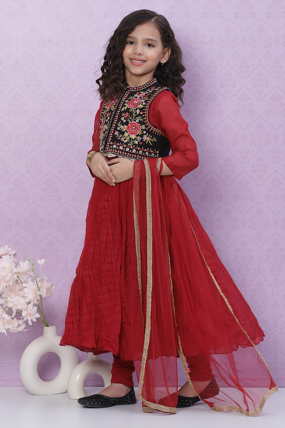 Red Art Silk Girls Flared Kurta Churidar Suit Set image number 0