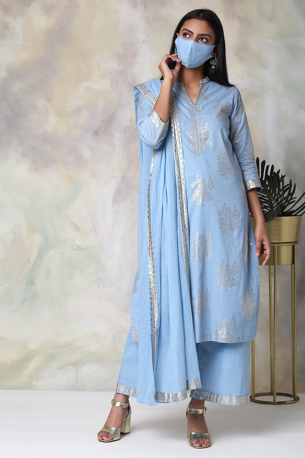 Light Blue Cotton Straight Kurta Palazzo Suit Set image number 6