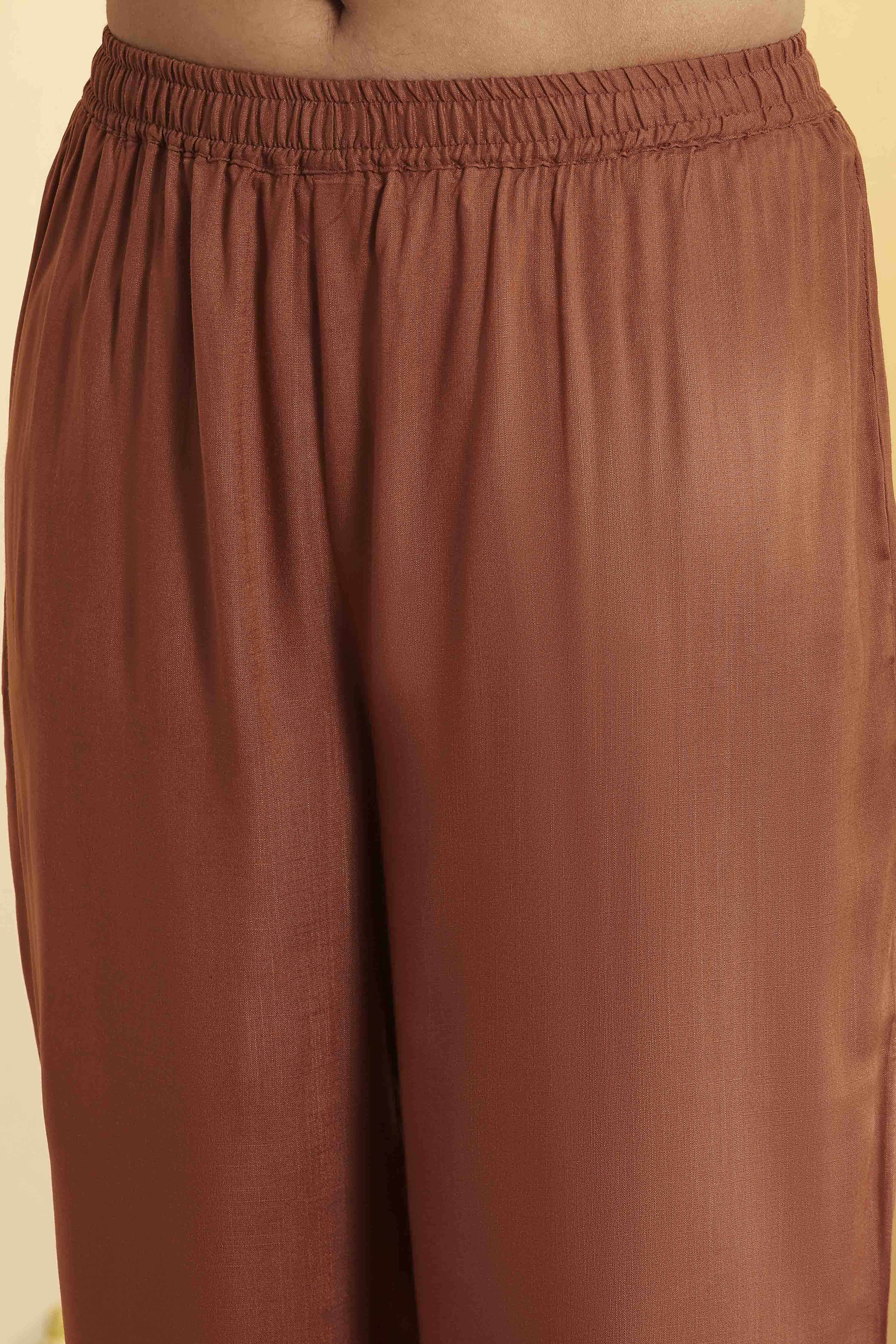 Brown Abstract Printed Straight Rayon Slub Kurta Set image number 2