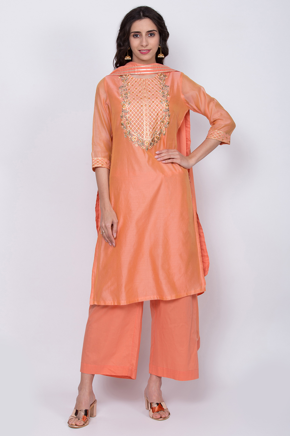 Yellow Poly Cotton Straight Kurta Palazzo Suit Set image number 2