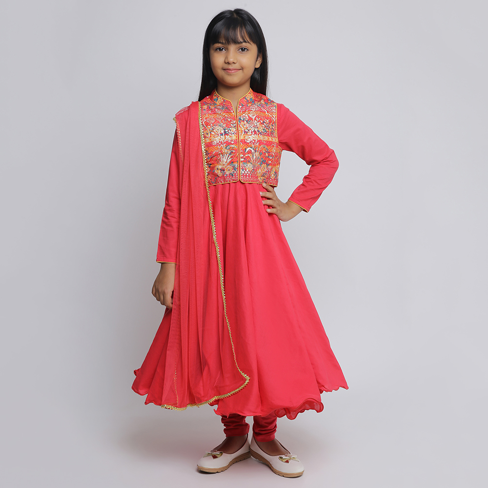 Red Cotton Anarkali Kurta Churidar Suit Set image number 0