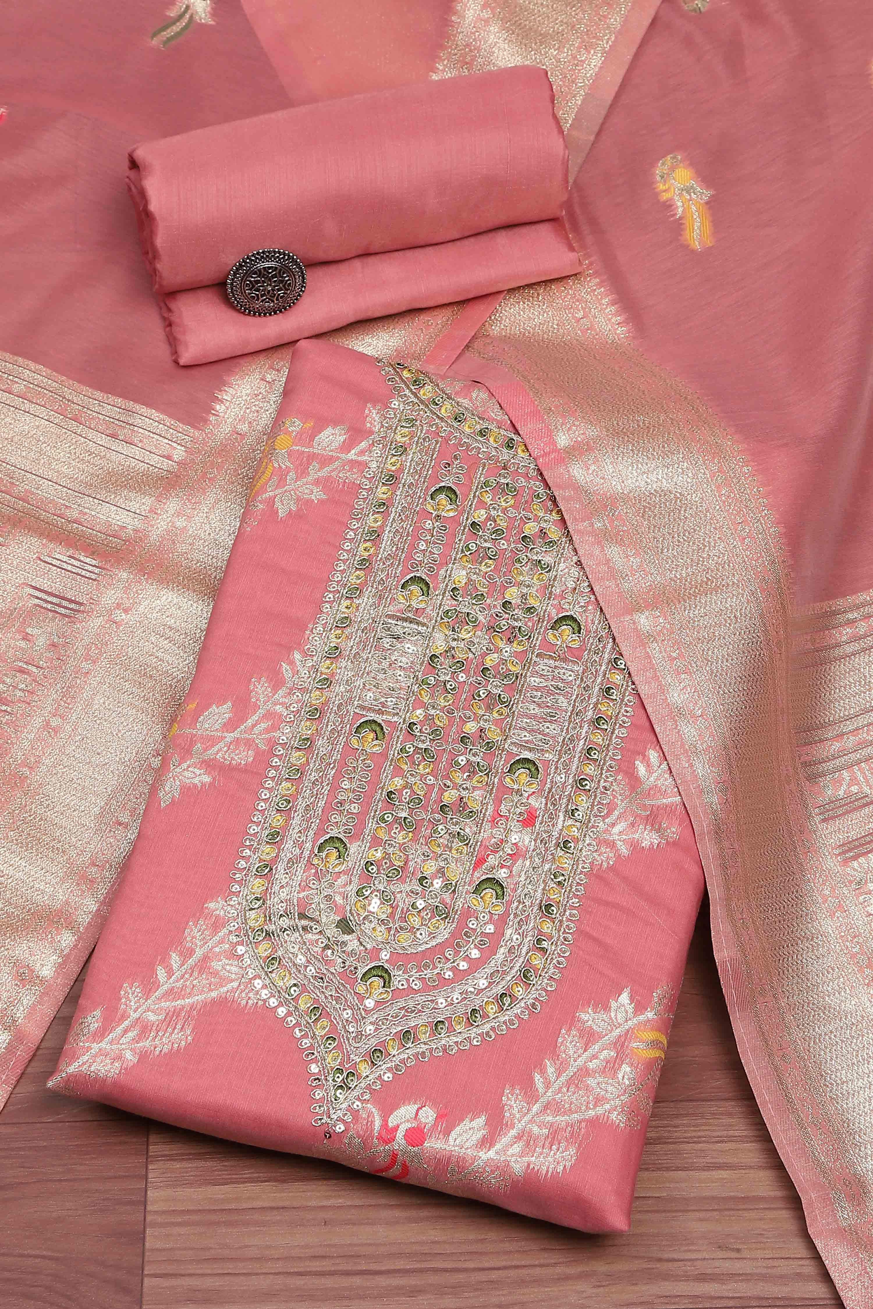 Pink Tissue Chanderi Embroidered Unstitched Suit Set image number 0