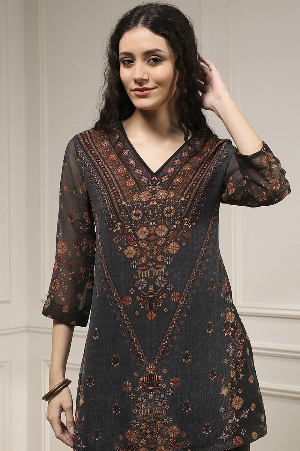 Charcoal Black Polyester Straight Printed Sharara Suit Set image number 1