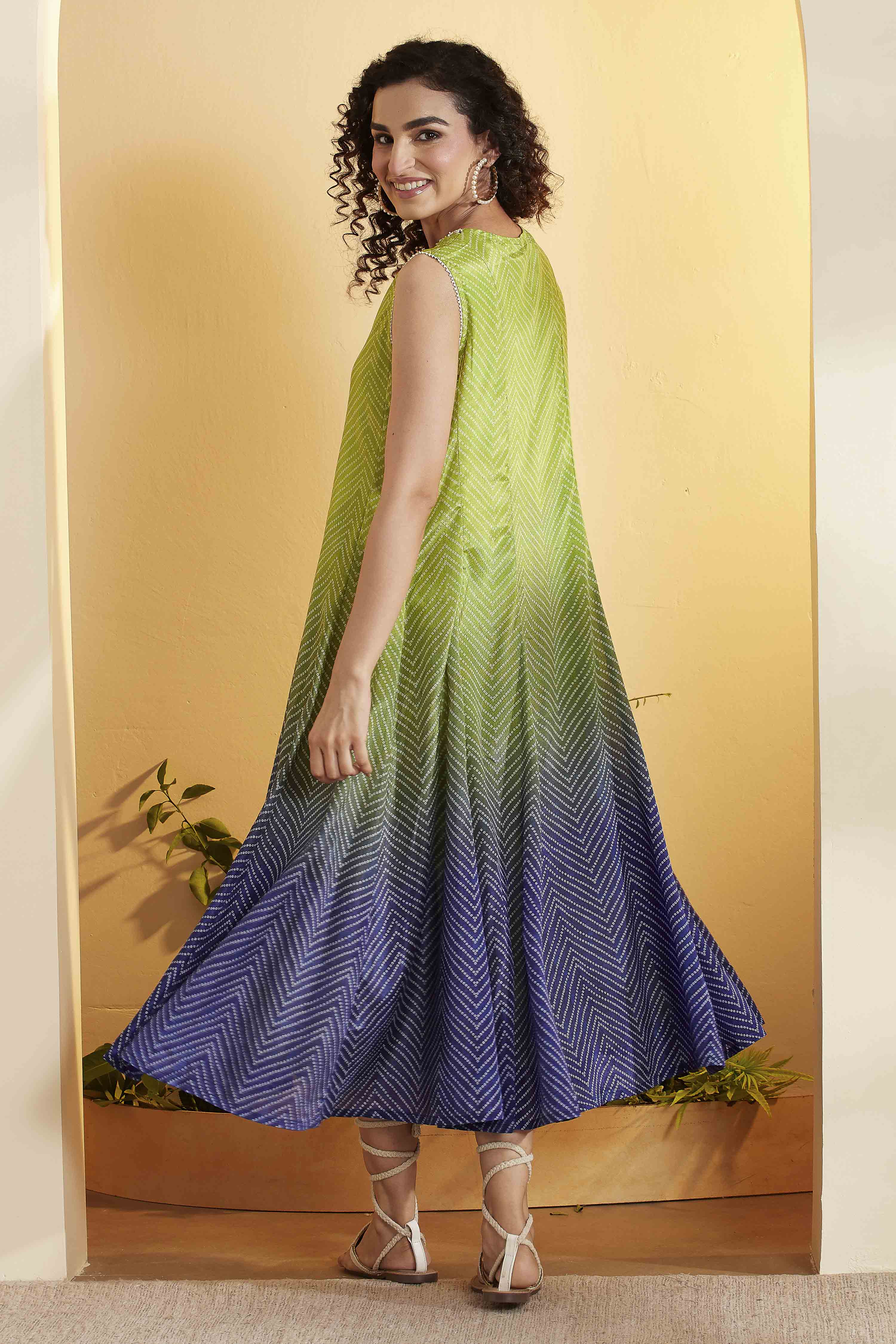 Green Chevron Printed Fit-and-Flare Dress image number 4