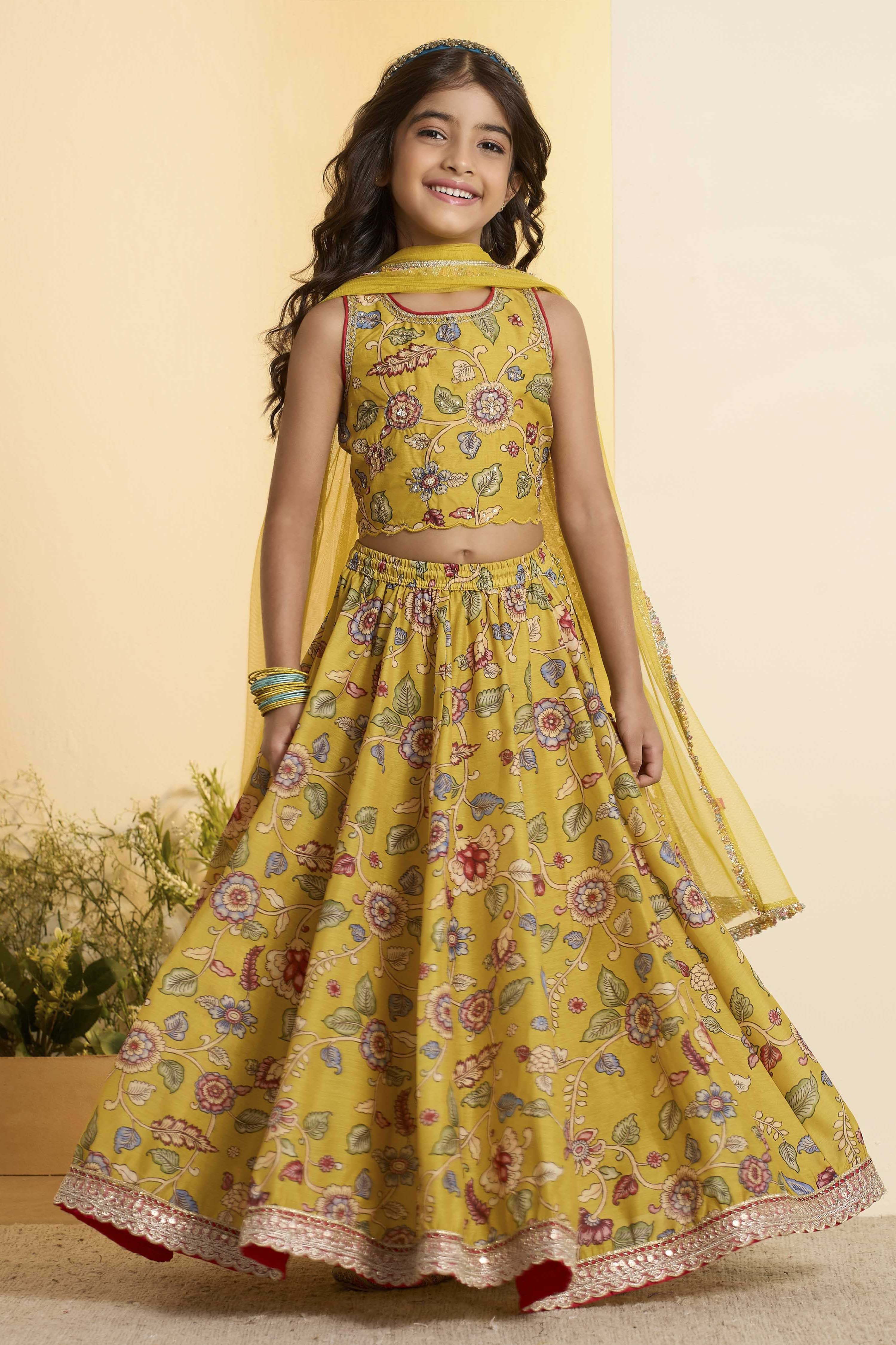 Mustard Yellow Floral Flared Lehenga Set image number 7