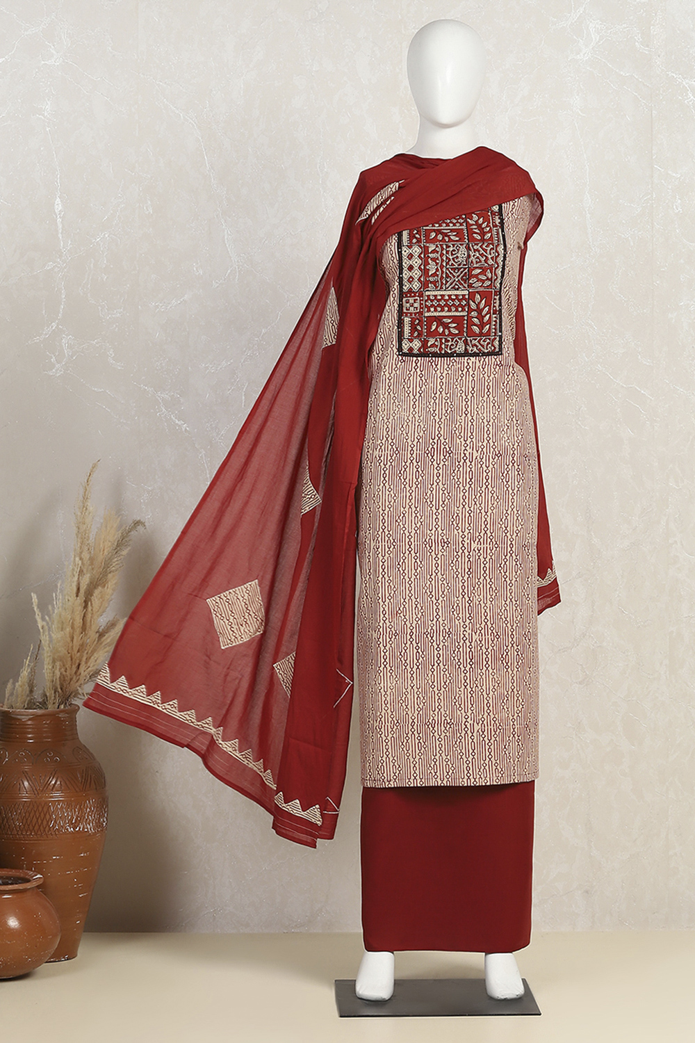 Black Cotton Hand Block Print Unstitched Suit Set image number 4