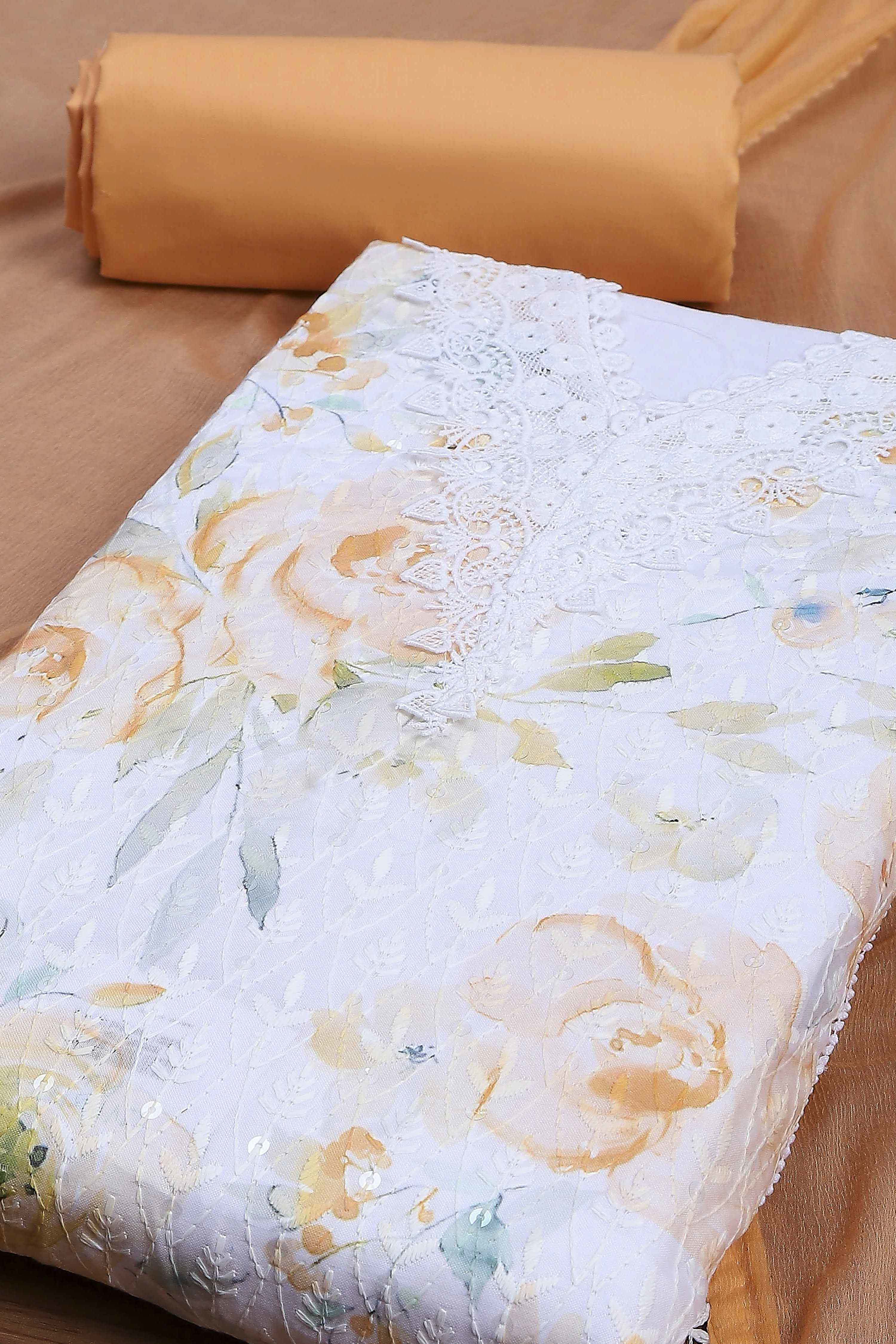 Ochre Cotton Rajasthani Print Unstitched Suit Set image number 1