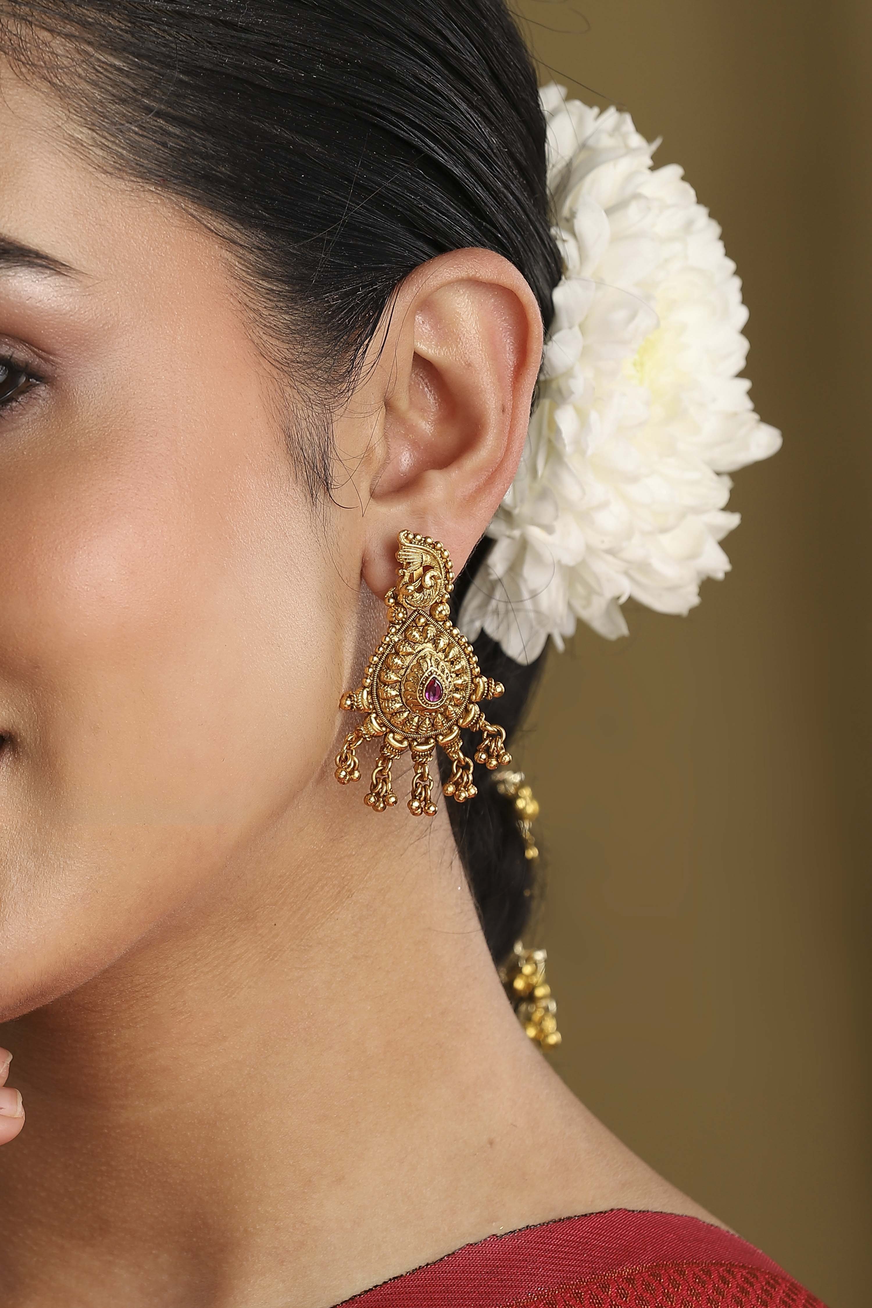 Red Gold Plated Minimal Stone Studded Drop Earrings image number 1