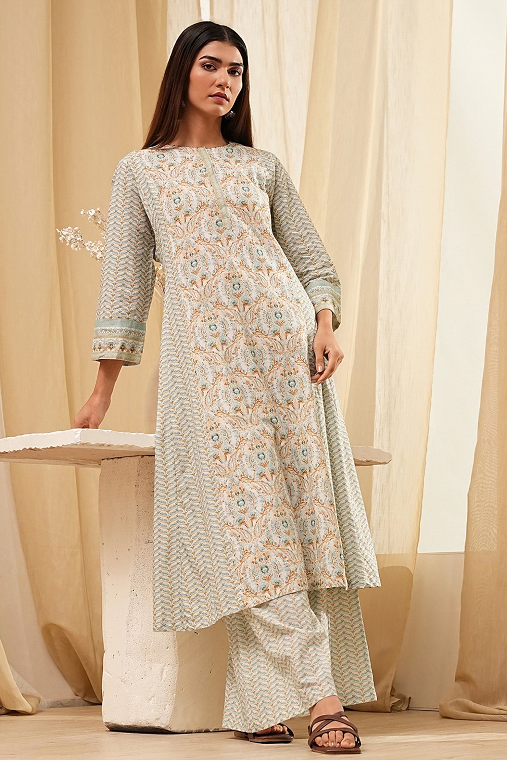 Blue Pure Cotton A-Line Kurta Set  image number 0