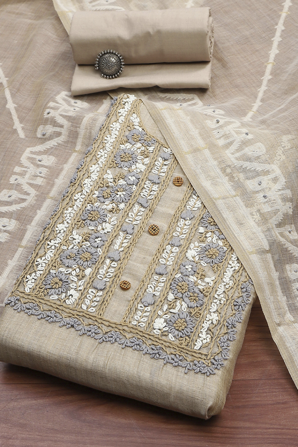 Beige Chanderi Hand Embroidered Unstitched Suit Set image number 0