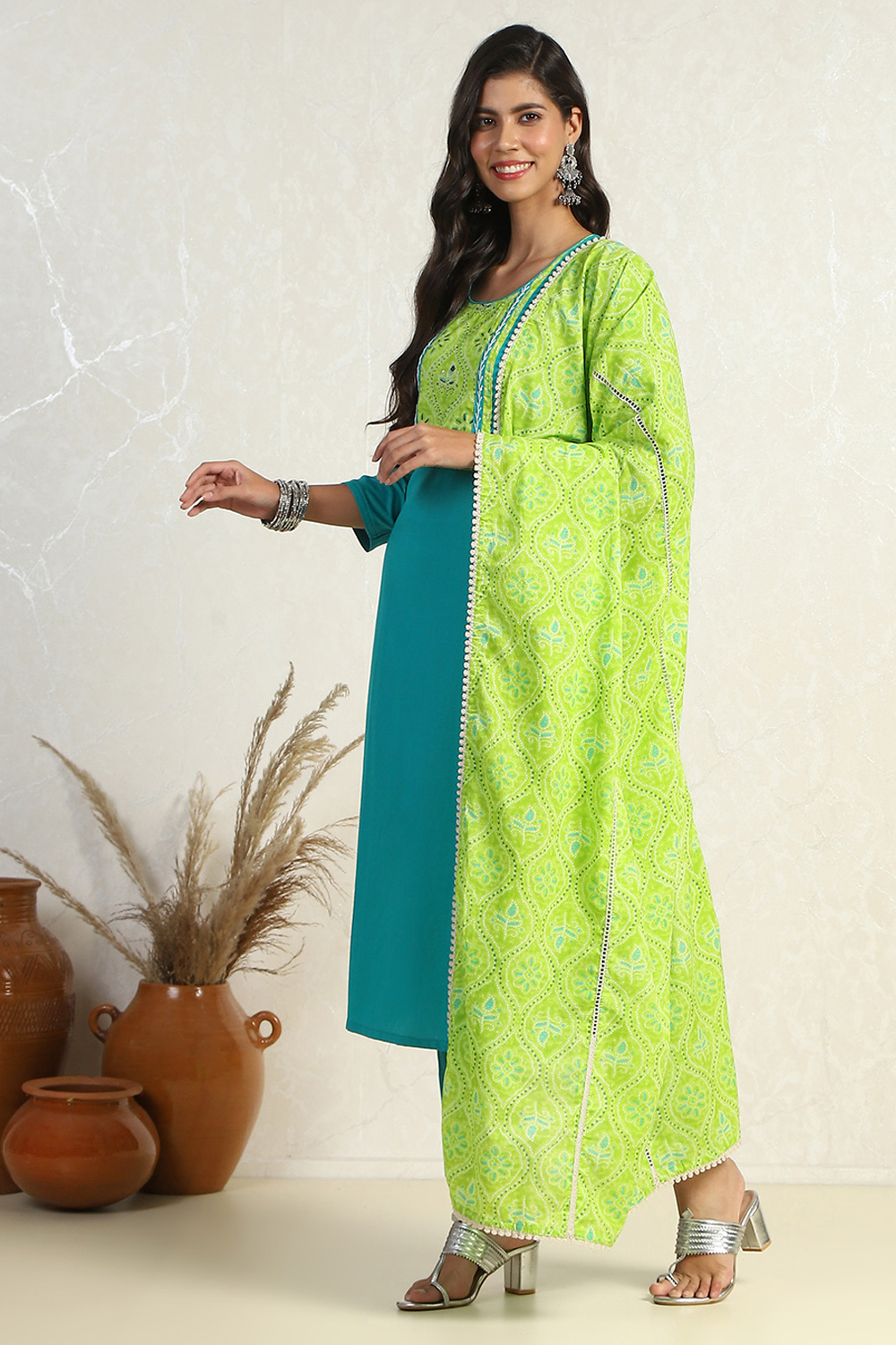 Turquoise Cotton Dyeing Unstitched Suit Set image number 4
