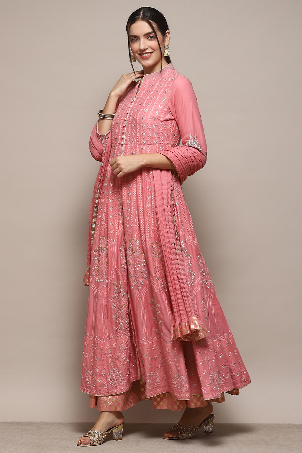 Aqua Blue Cotton Anarkali Kurta Lehenga Set image number 4