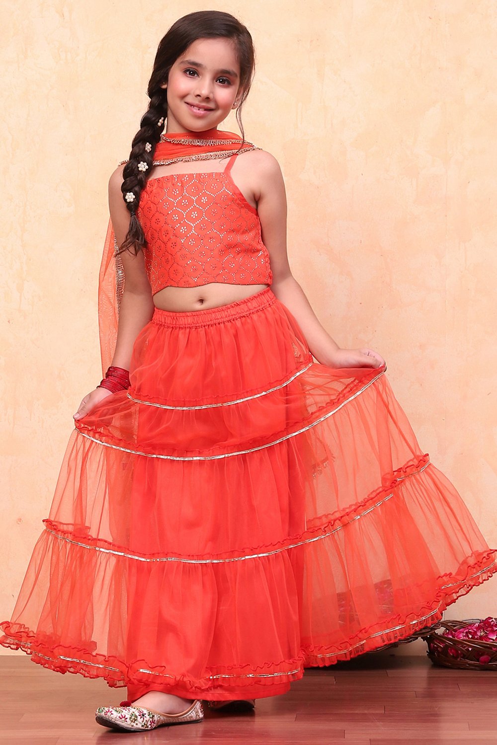 Orange Poly Chanderi Metallic Tiered Flared Lehenga Set image number 0