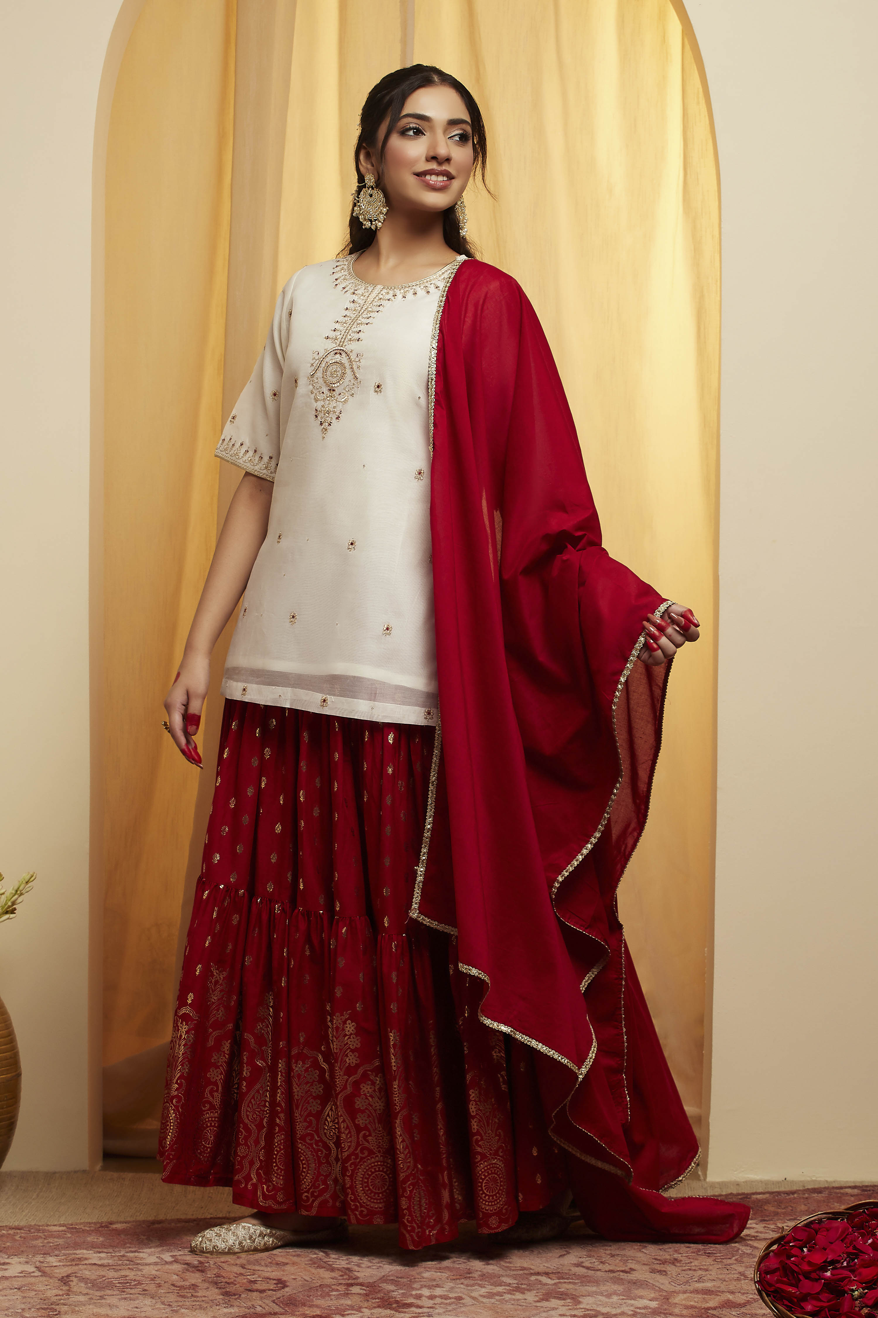 Red Polyester Straight Lehenga Set image number 3
