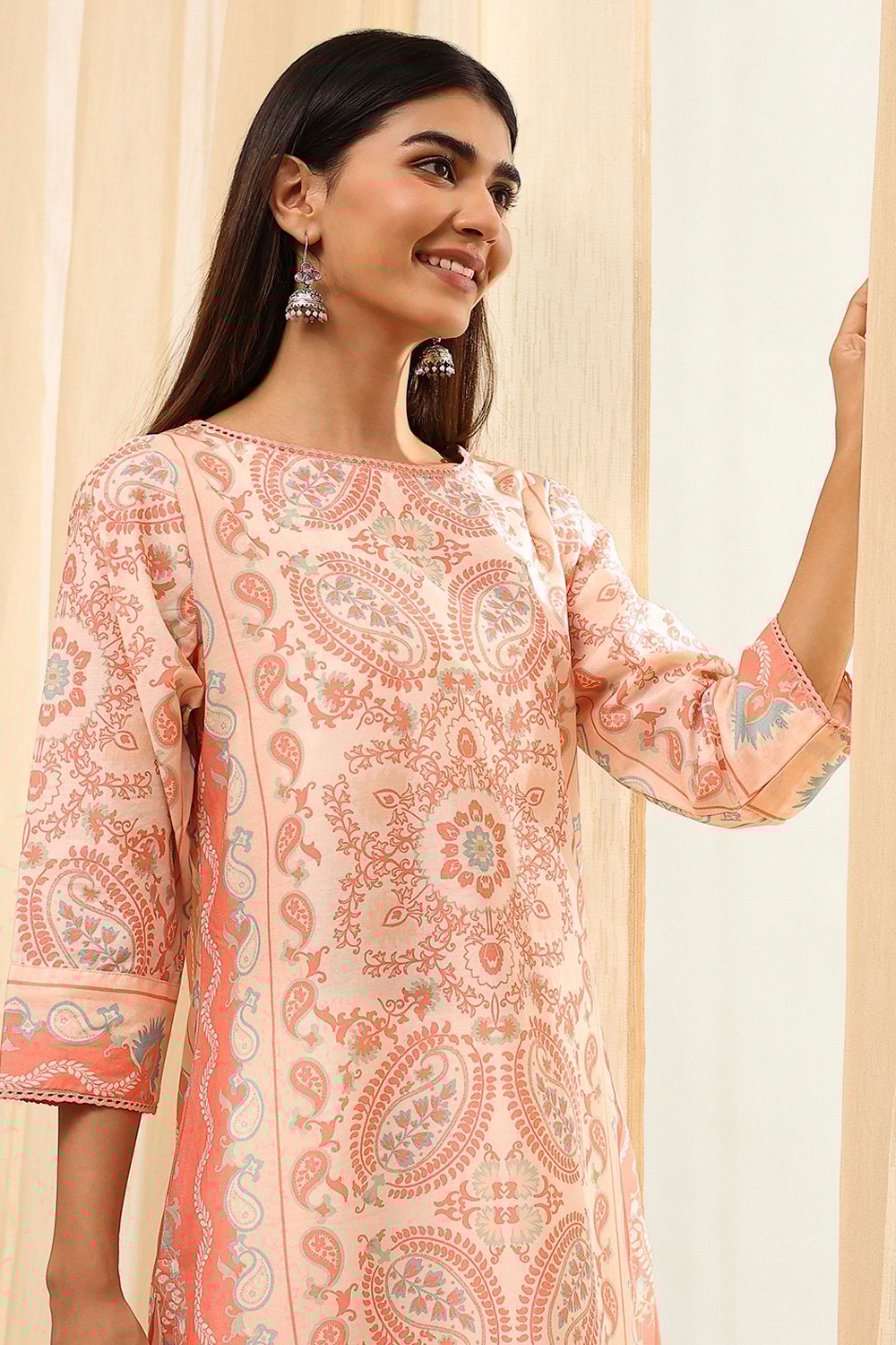 Blue and White Cotton Printed Straight Kurta image number 1