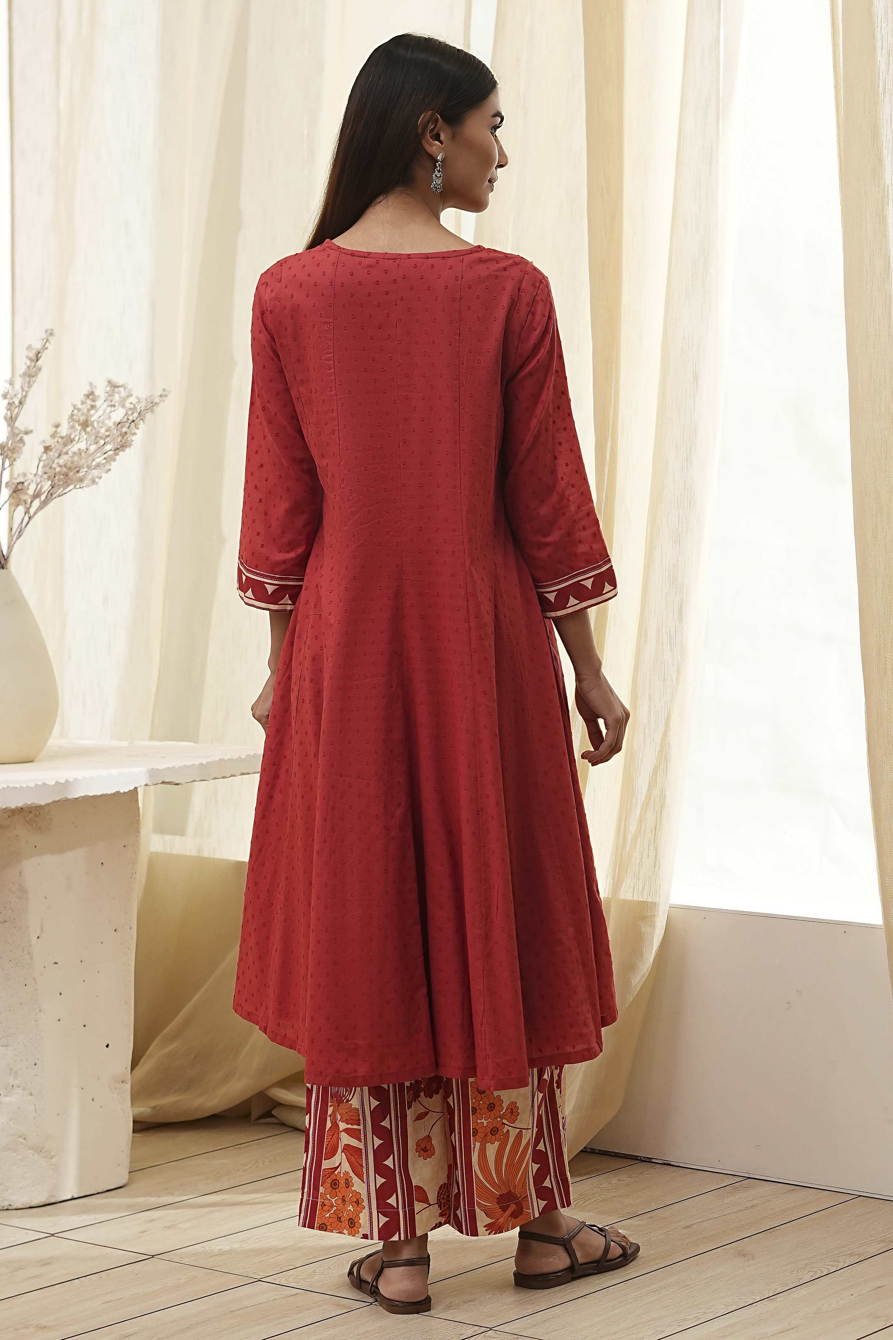 Rust Cotton Yarn-Dyed Kalidar Suit Set image number 4