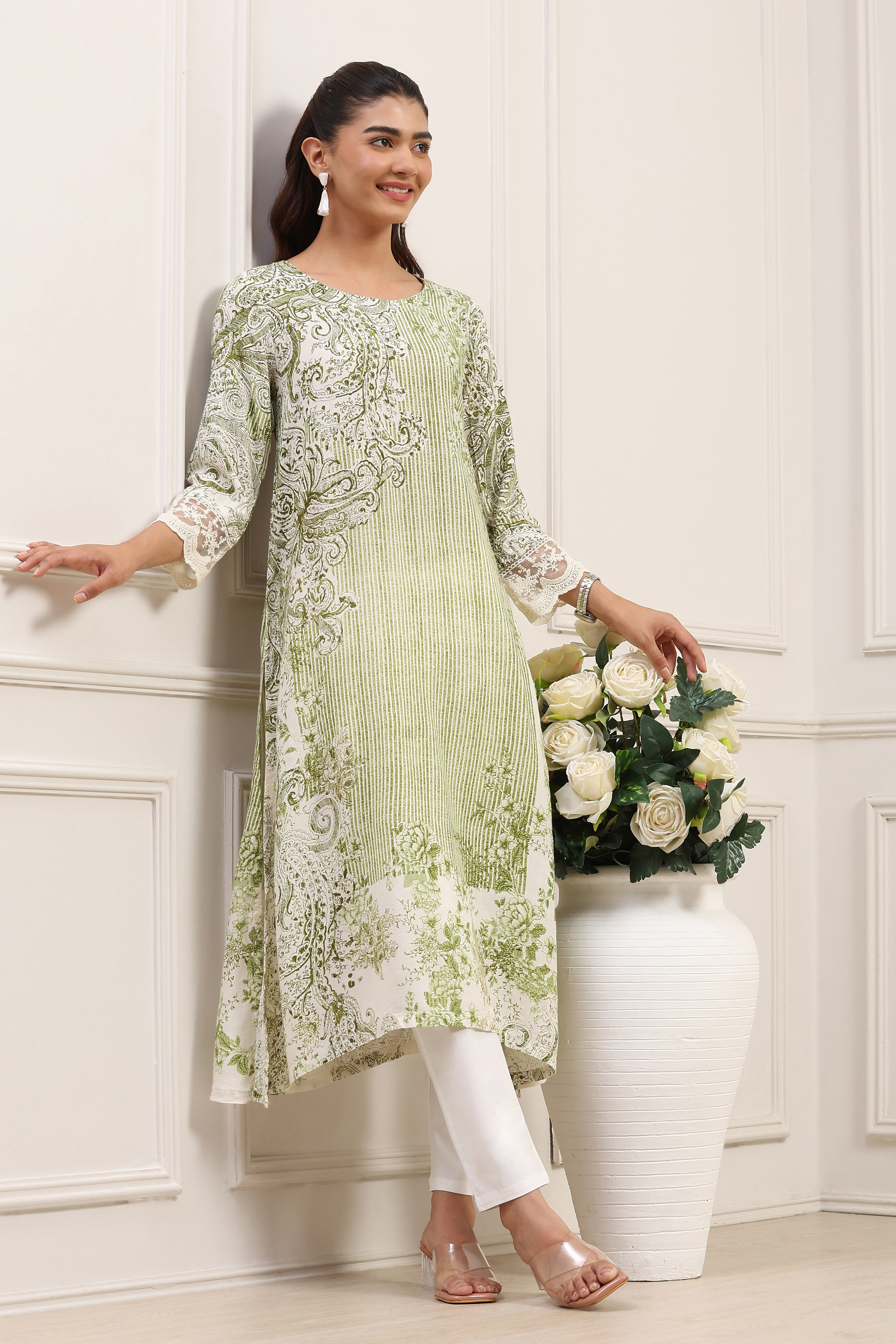 Green Viscose Rayon Printed Straight Kurta image number 0