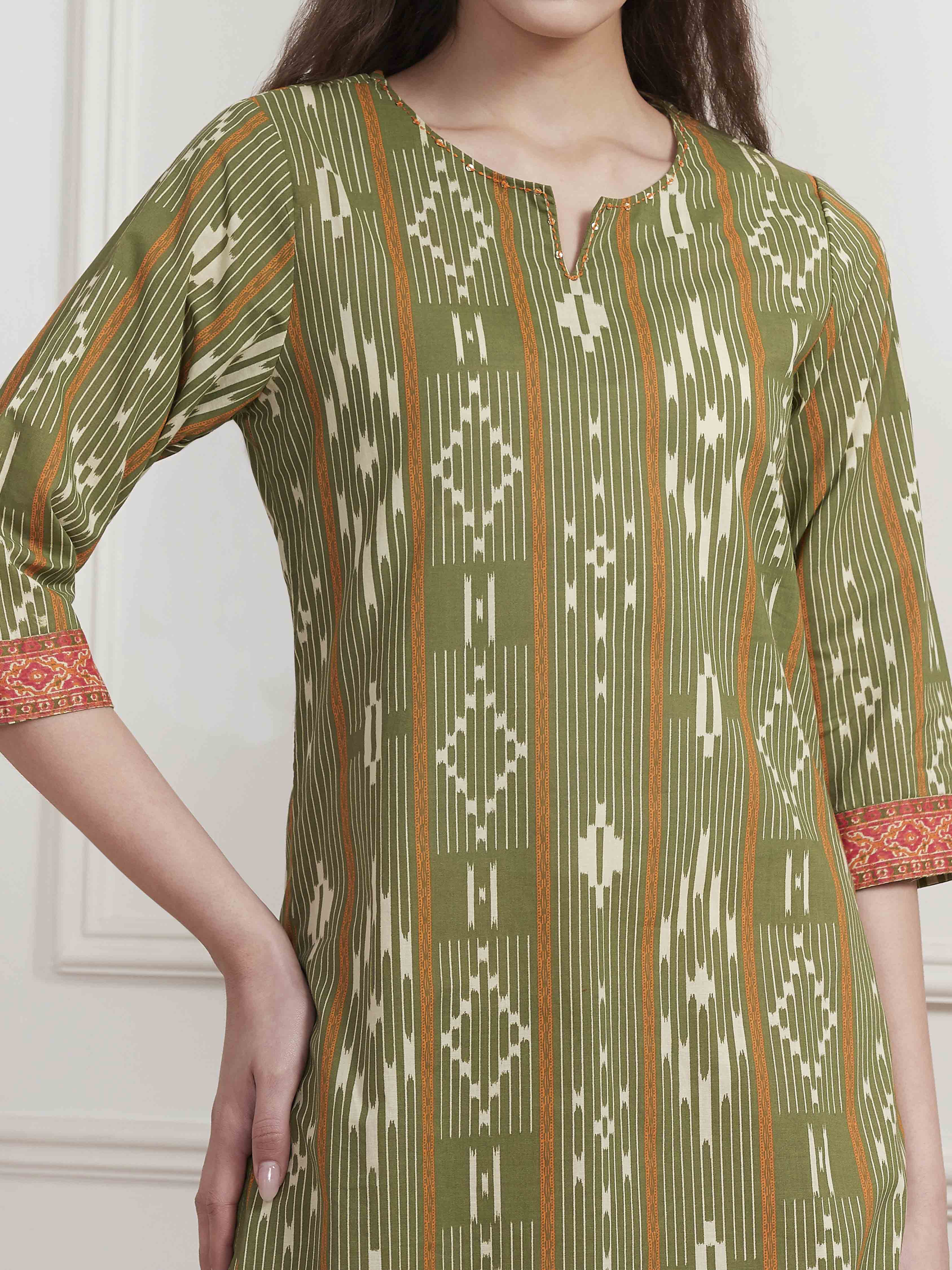 Green Cotton Printed Straight Kurta image number 1