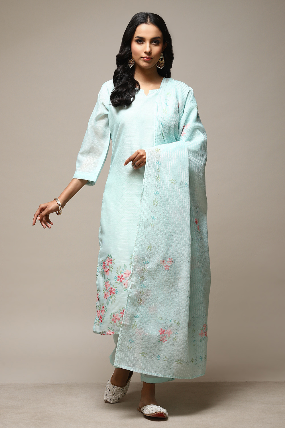 Turquoise Linen Digital Print Unstitched Suit Set image number 8
