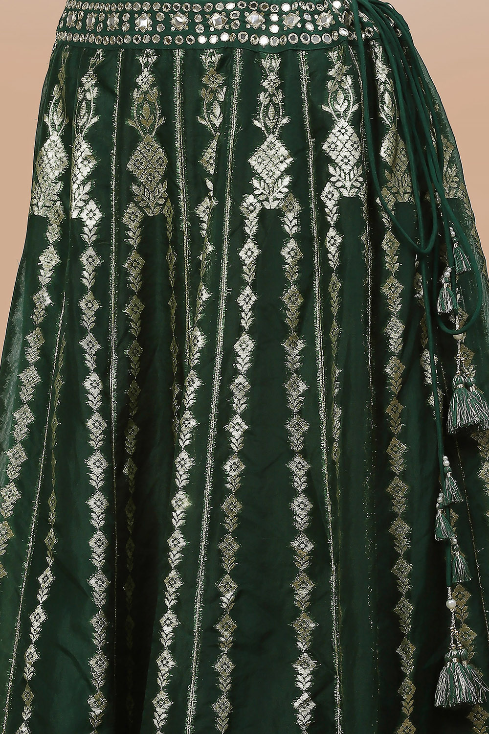 Green Jacquard Printed Mirror Work Lehenga Set image number 1