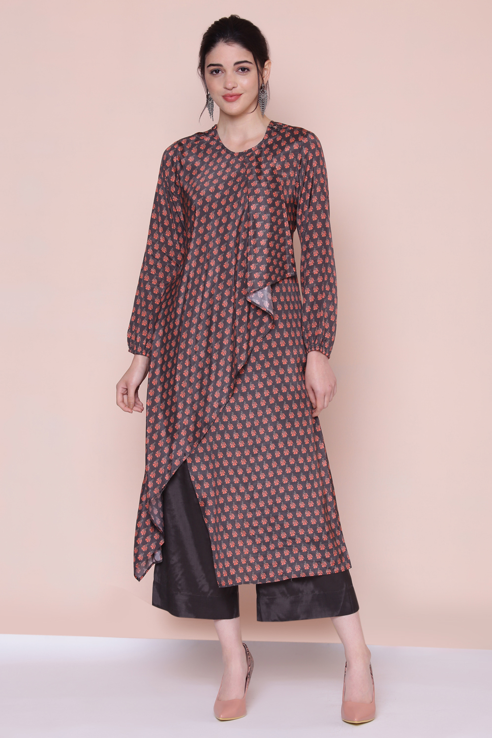 Brown Viscose A-line Tunic Pants Set image number 4