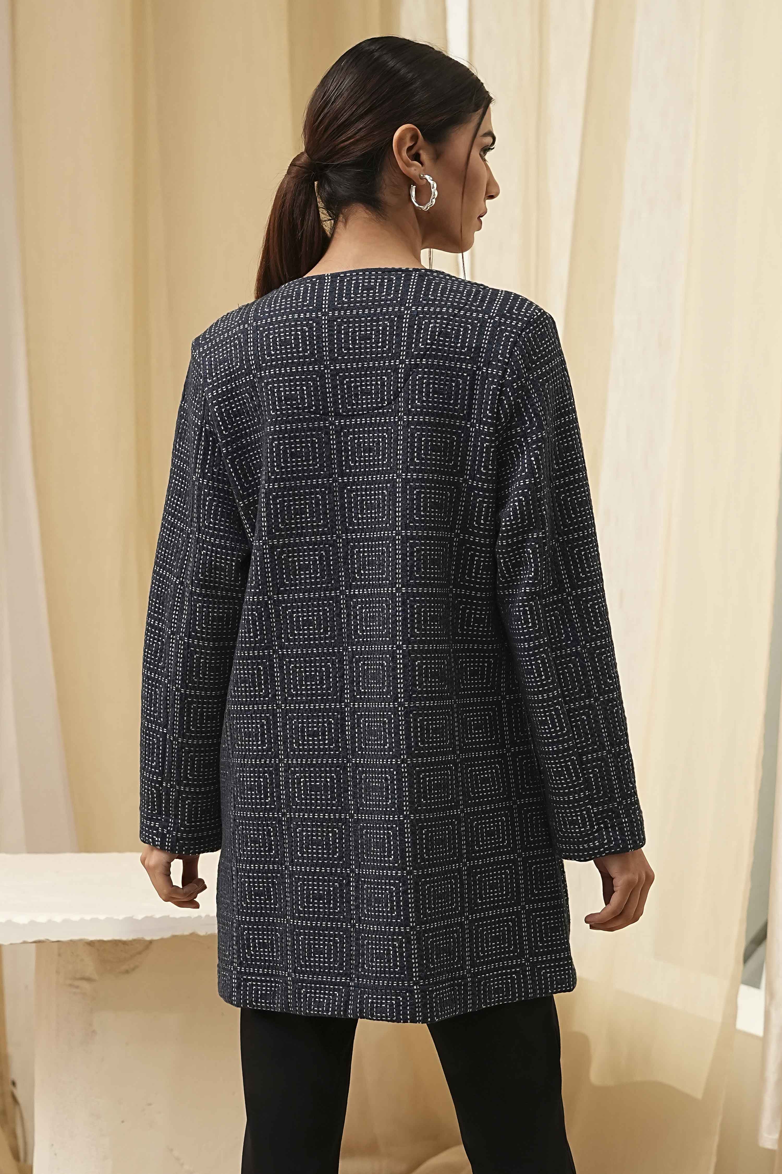 Navy Blue Printed Straight Jacket image number 3