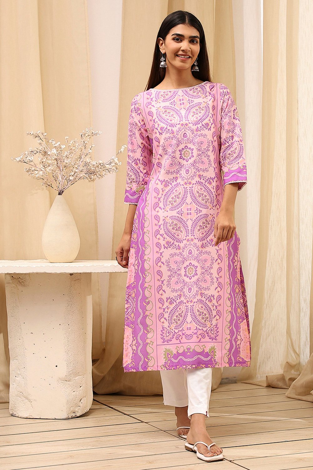 Blue and White Cotton Printed Straight Kurta image number 5