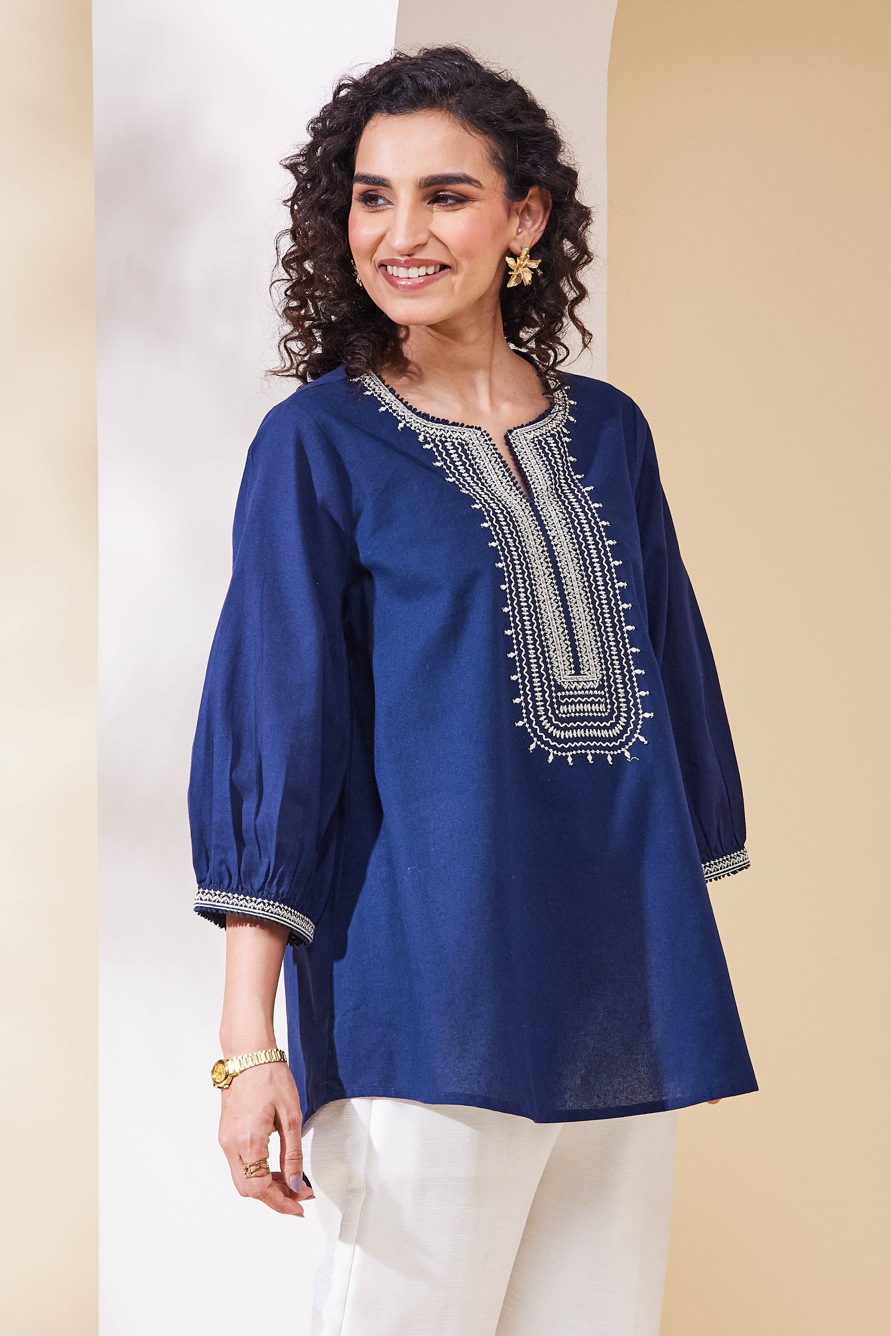 Navy Blue Cotton Yoke Design Straight Kurta image number 5