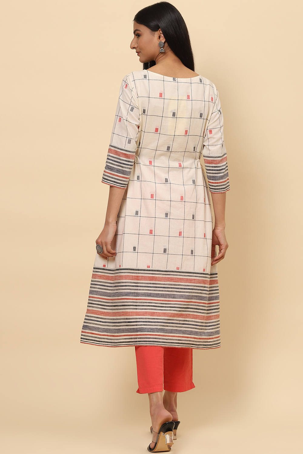 Off White Cotton A Line Kurta image number 4
