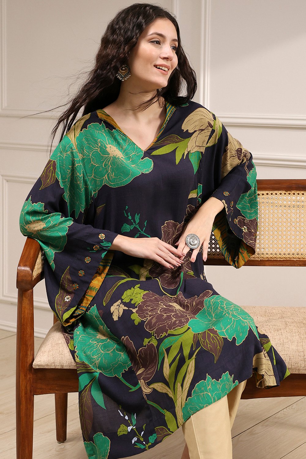 Charcoal Viscose Rayon A-Line Printed Kurta image number 0