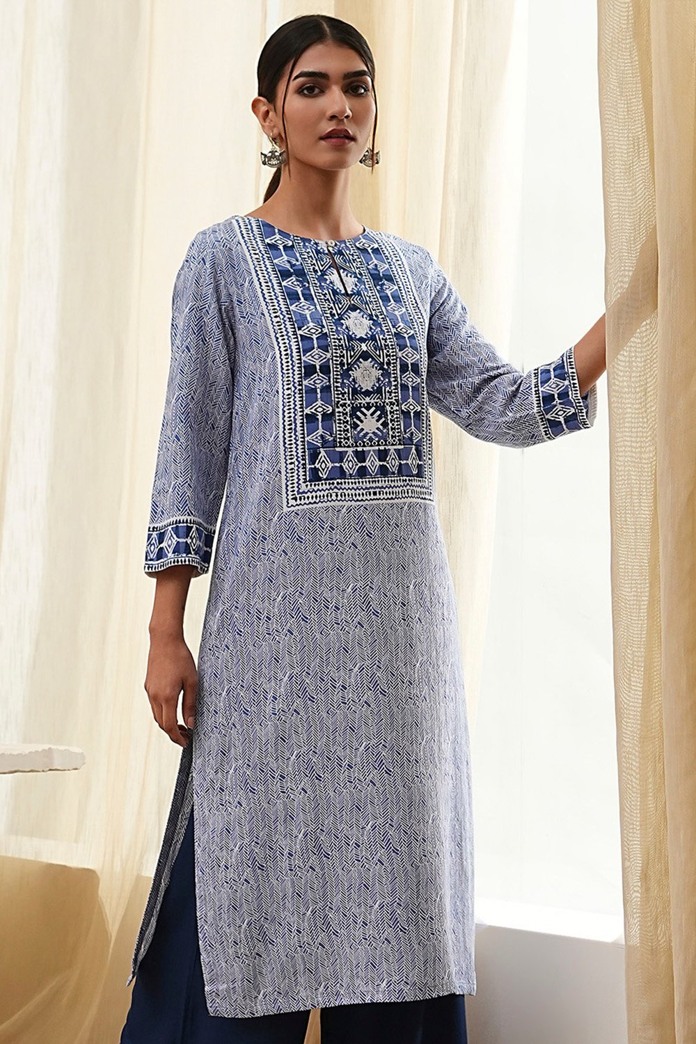 Beige Printed Straight Kurta image number 6