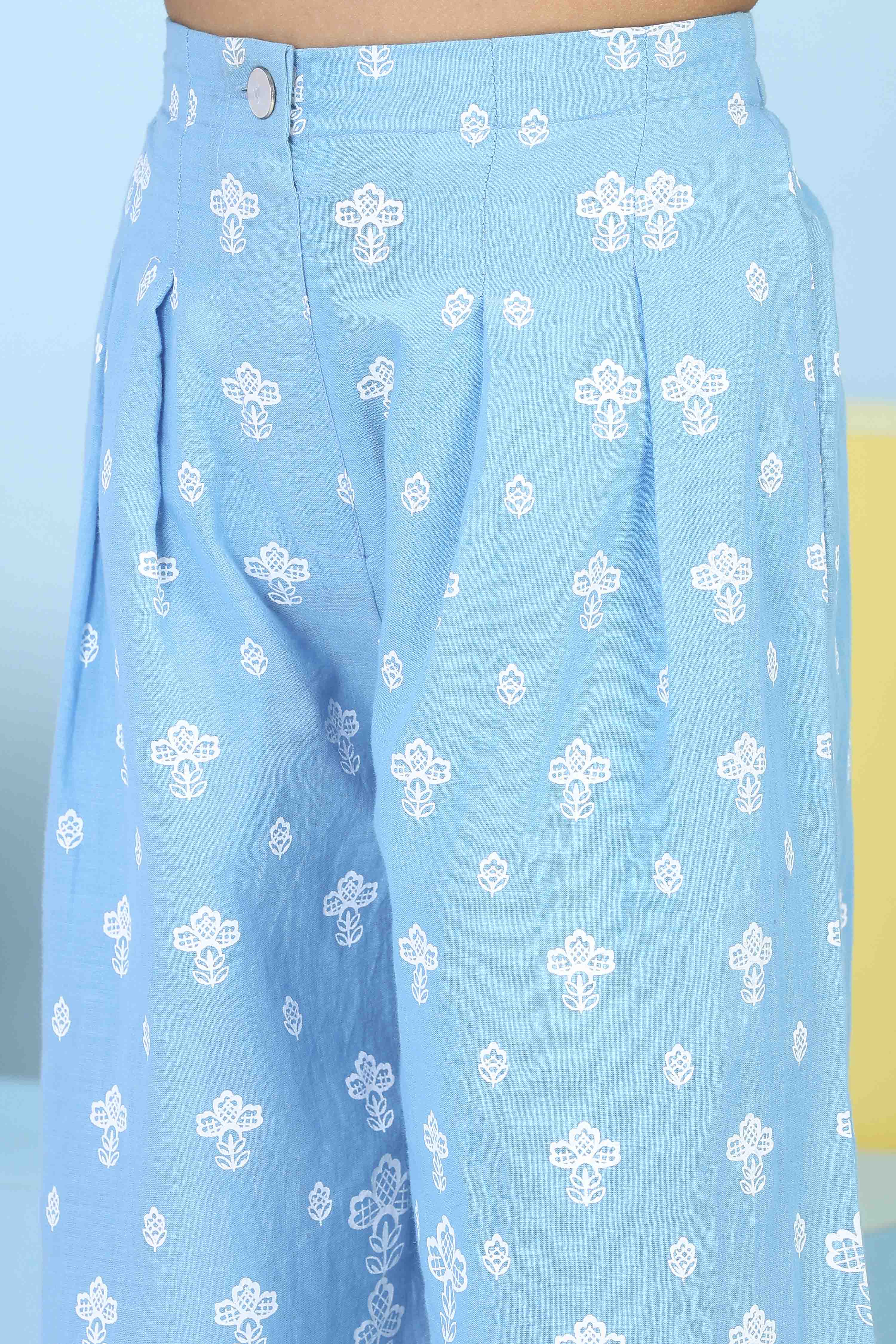 Blue Cotton Printed A-line Suit Set image number 2
