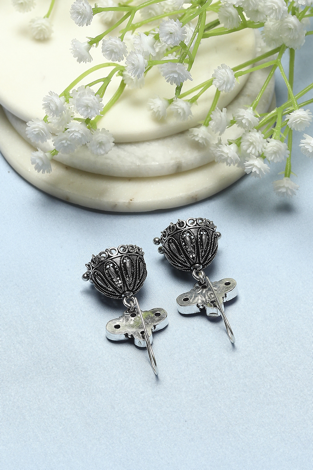 Light Pink Oxidised Stone Studded Jhumkas image number 2