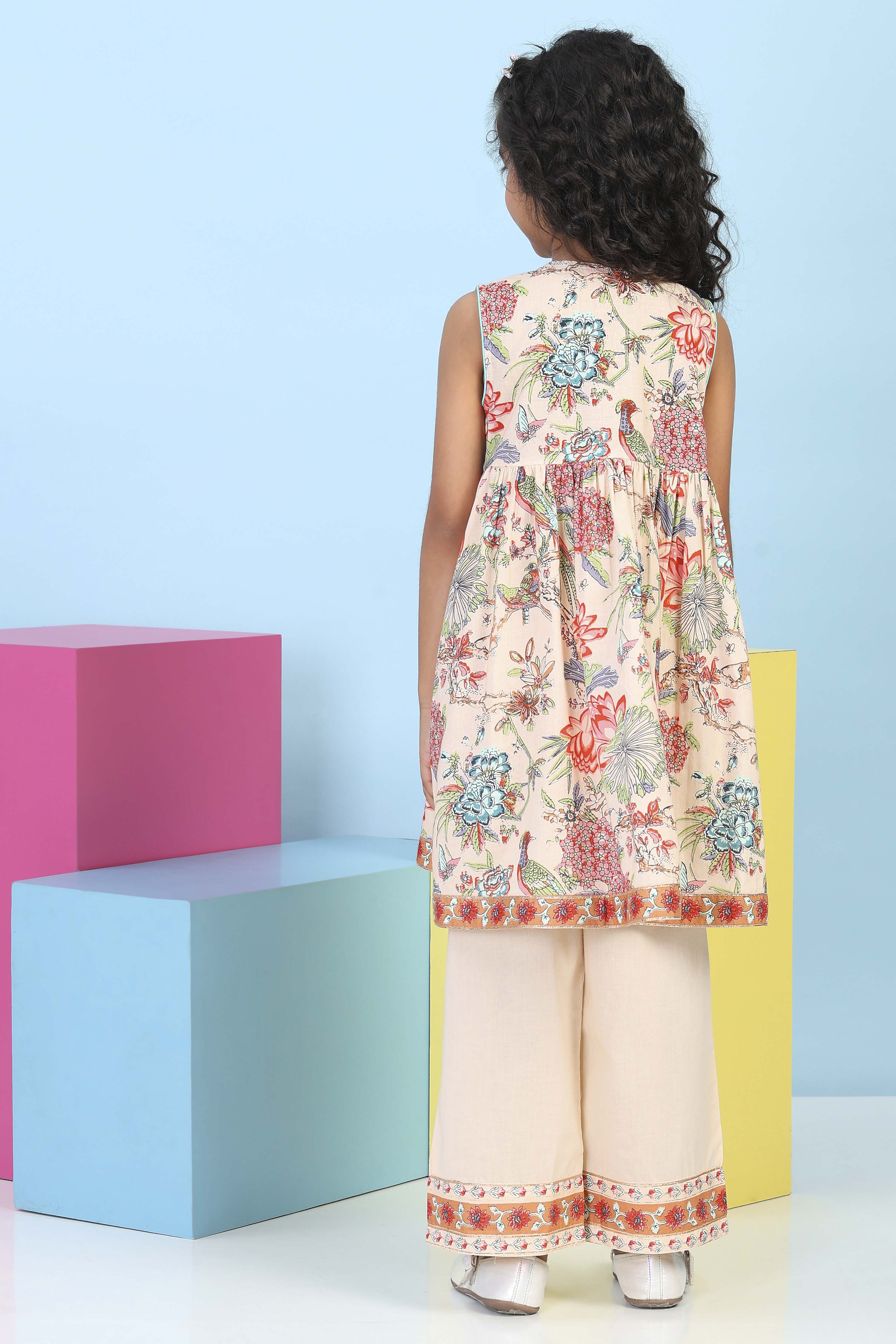 Beige Cotton Printed Gathered Suit Set image number 5