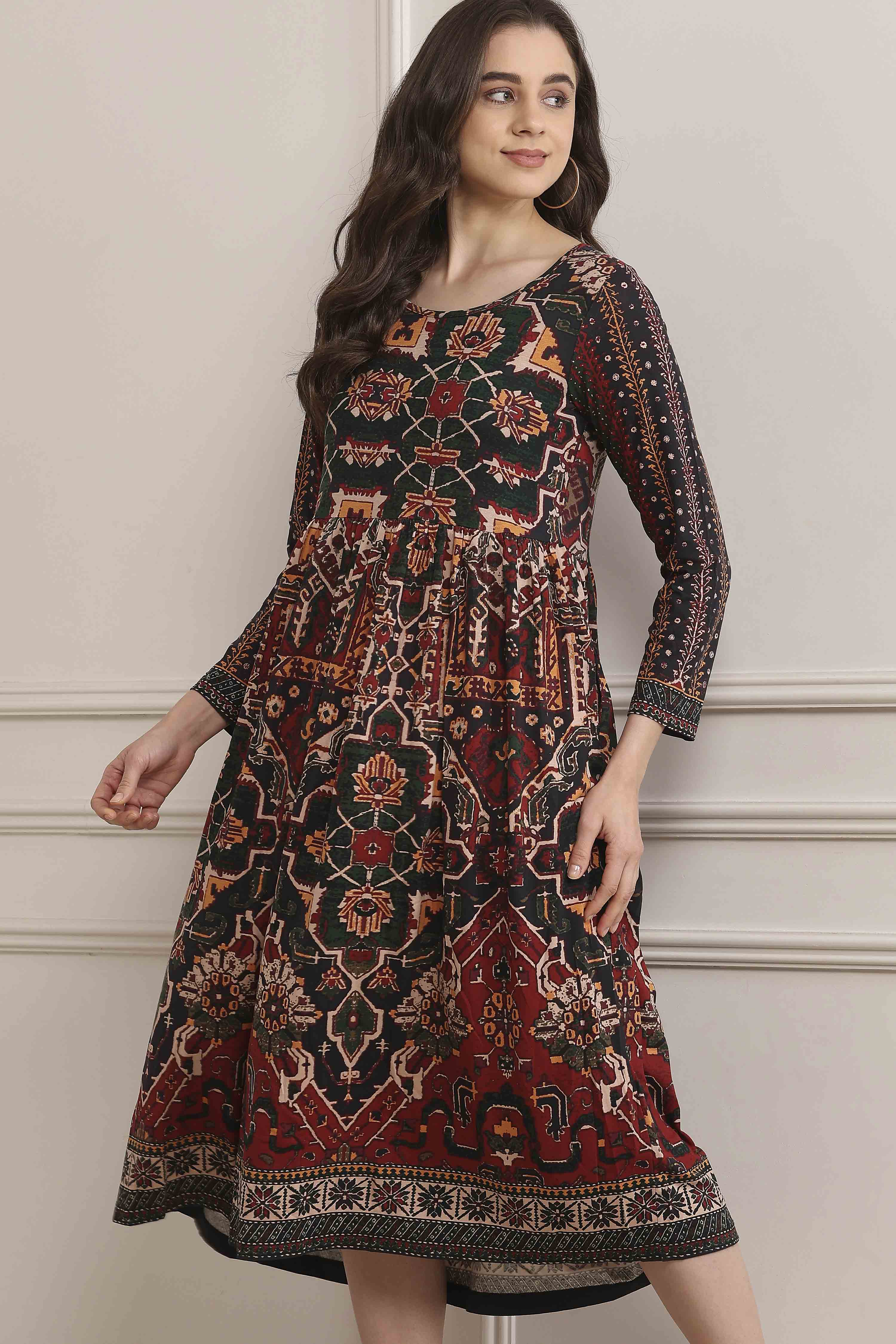 Rust Cotton Blend Flared Printed Dress image number 6