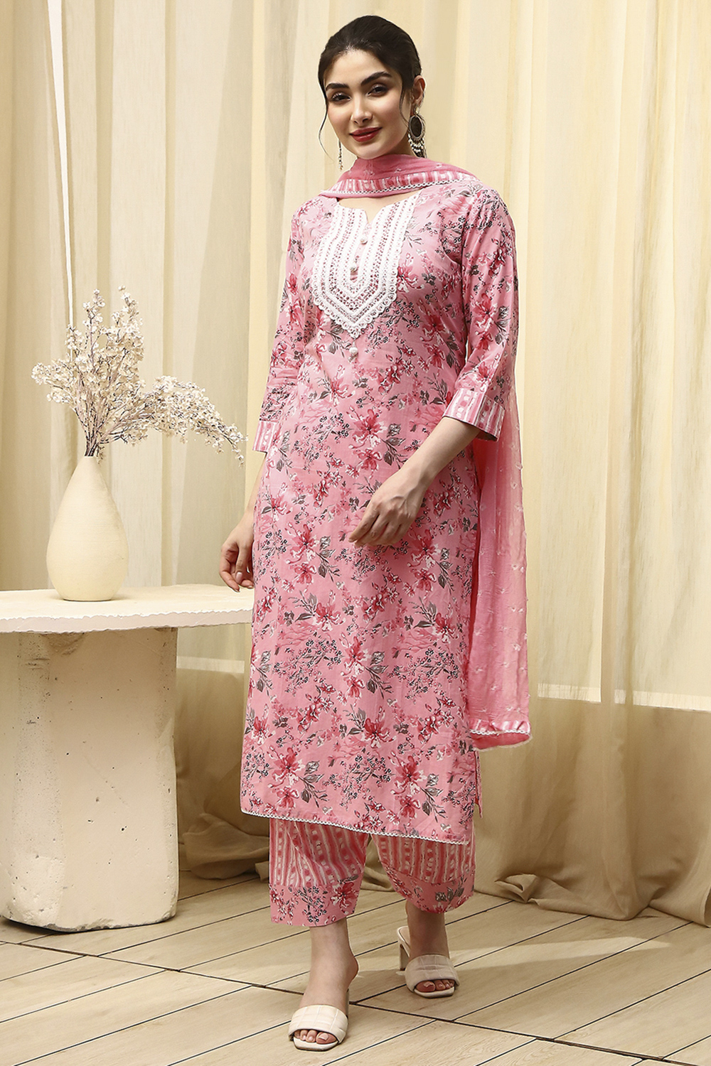 Pink Cotton Printed Embroidered Unstitched Suit Set image number 1