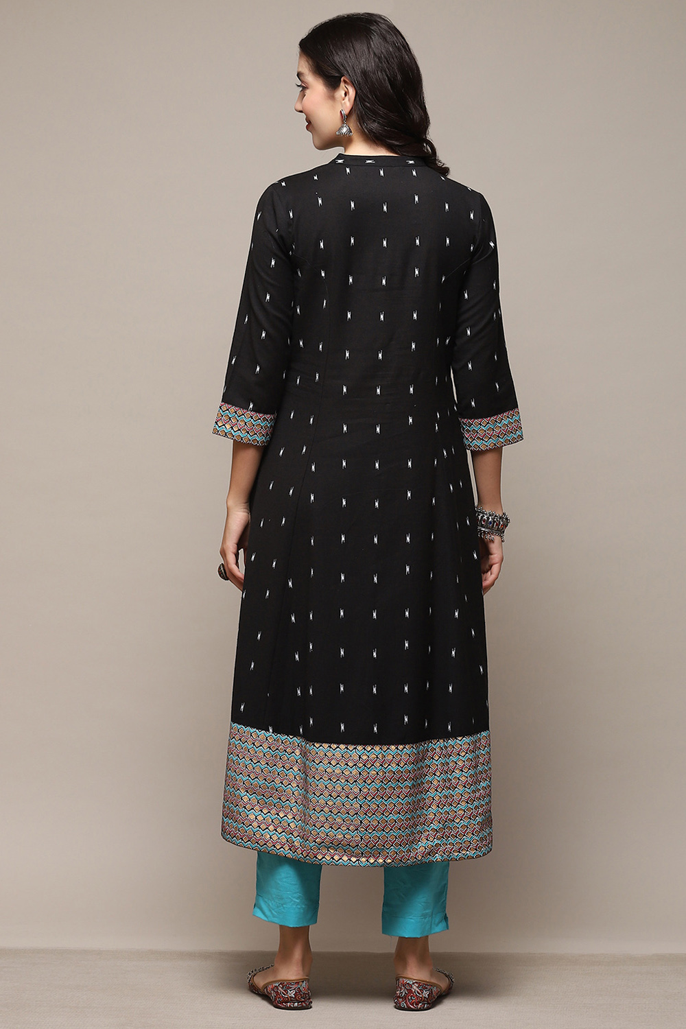 Black Cotton Flax Printed A-Line Kurta image number 3