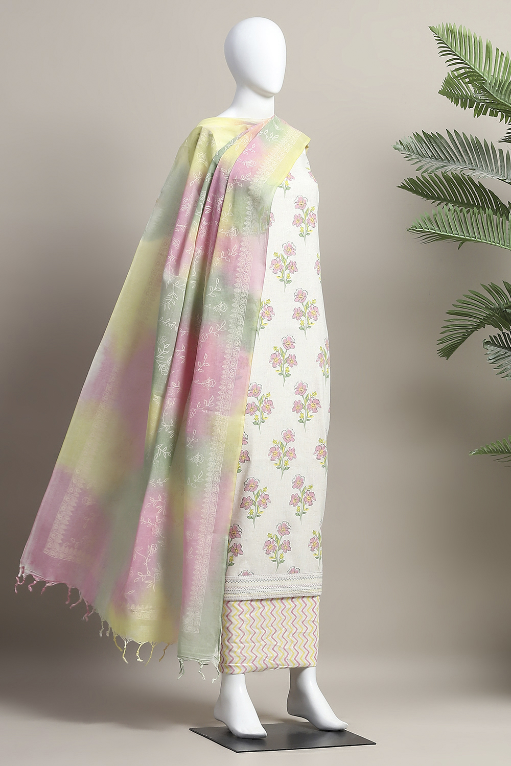 Beige-Blue Cotton Unstitched Suit Set image number 4