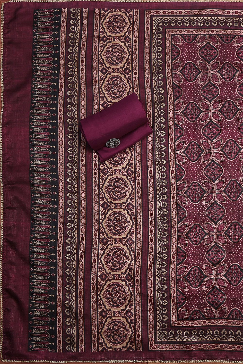 Wine Silk Blend Hand Embroidered Unstitched Suit Set image number 3