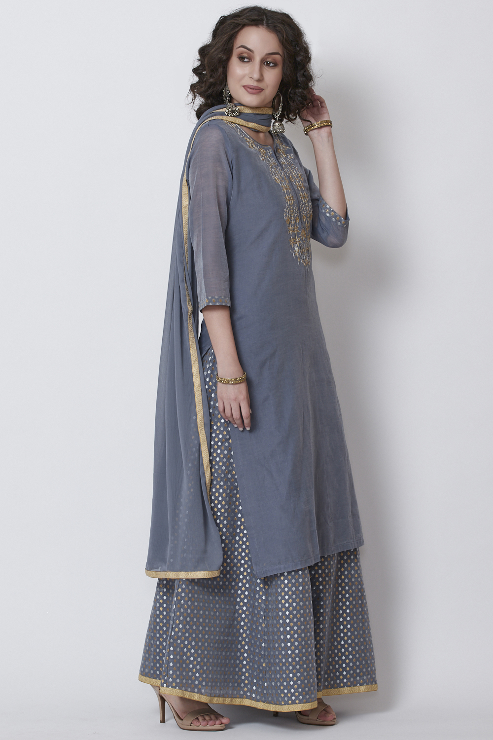 Grey Poly Cotton Straight Kurta Sharara Suit Set image number 3